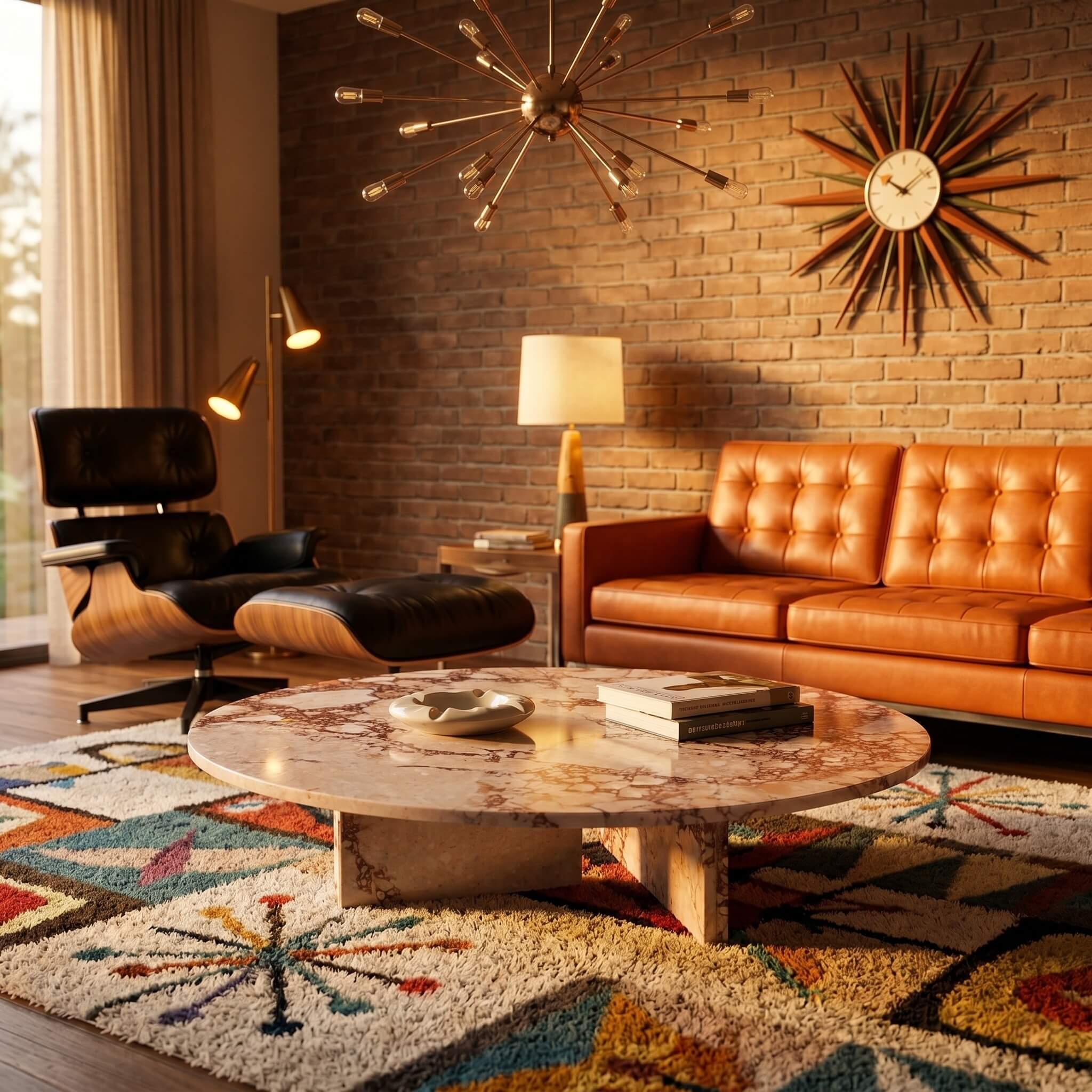 Diamond Pink natural marble coffee table integrated into a Mid-Century Modern living room featuring an Eames lounge chair and a classic brick accent wall.