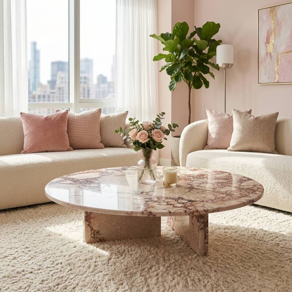 Sophisticated feminine-chic penthouse interior showcasing a polished pink marble coffee table paired with white bouclé furniture and romantic floral decor.
