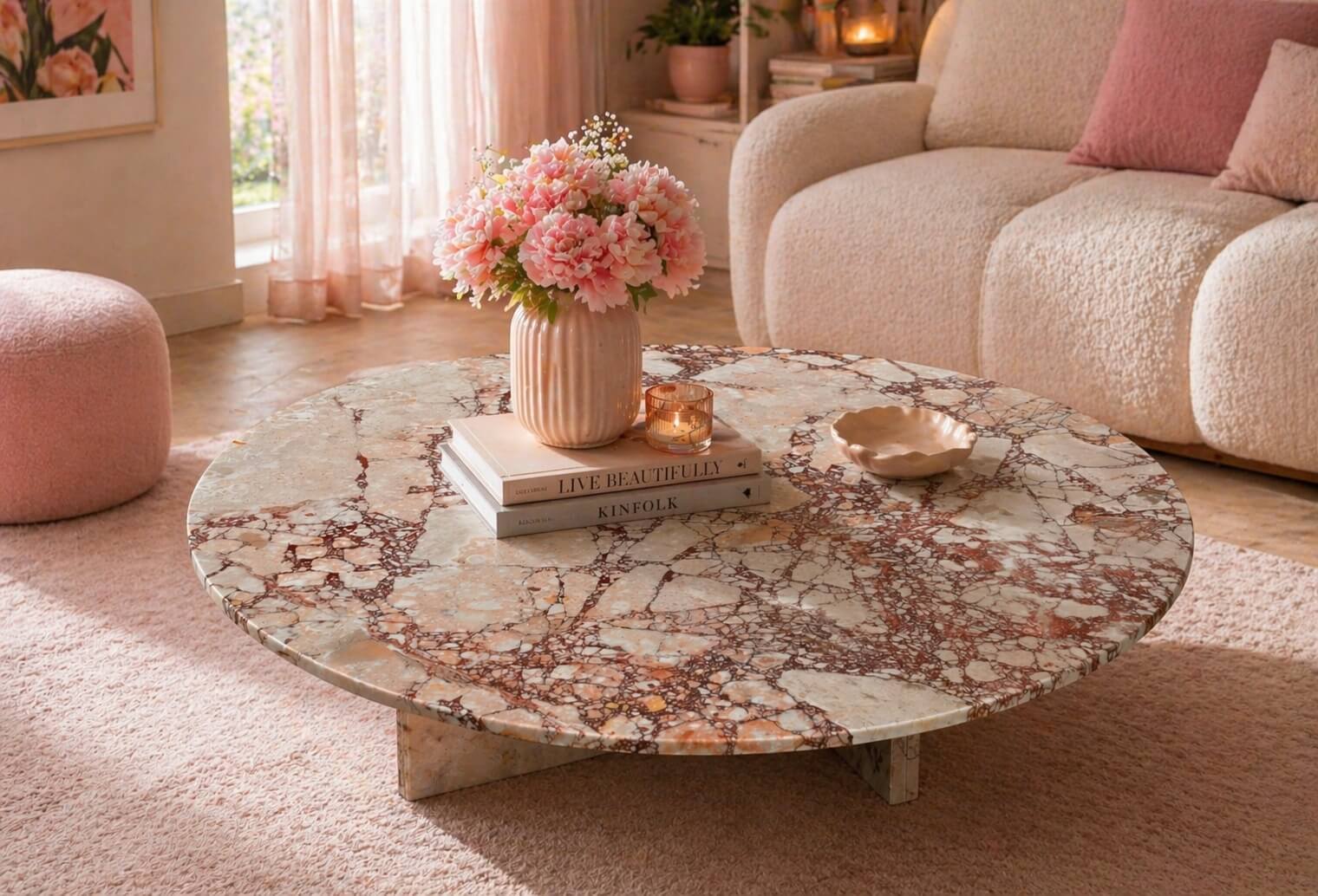 Polished Diamond Pink marble coffee table showcasing natural breccia patterns, styled with fresh flowers in a soft romantic living space.