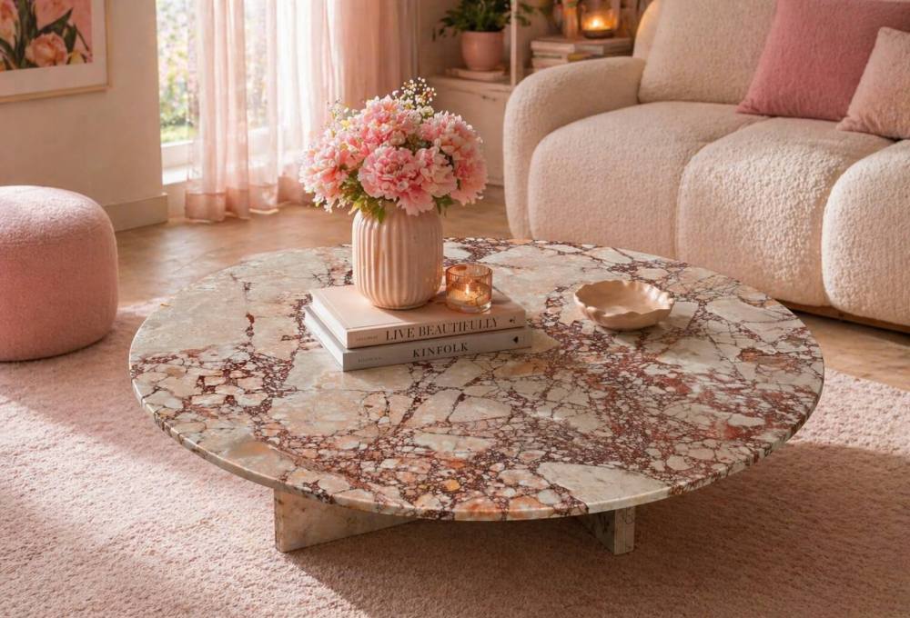 Polished Diamond Pink marble coffee table showcasing natural breccia patterns, styled with fresh flowers in a soft romantic living space.