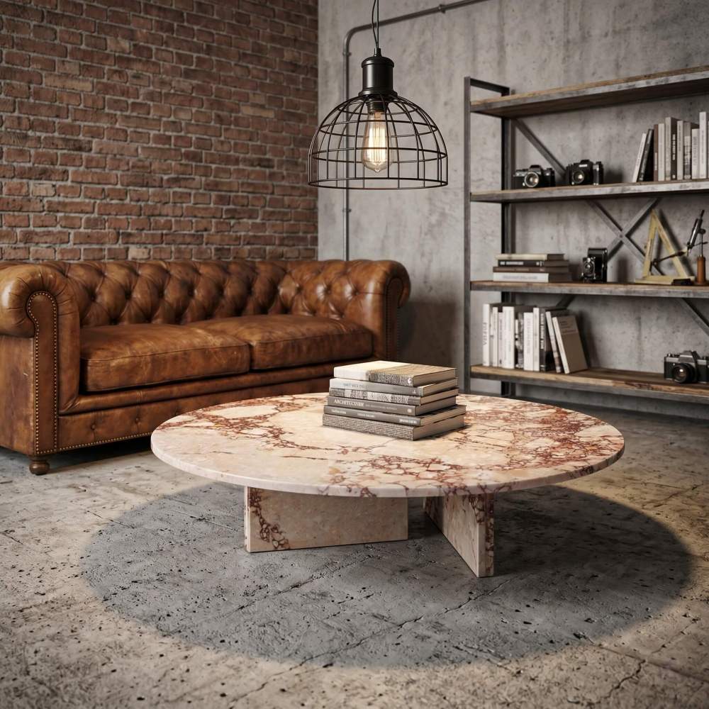 Round pink marble coffee table anchoring an urban industrial loft space with an exposed red brick wall and vintage brown leather furniture.