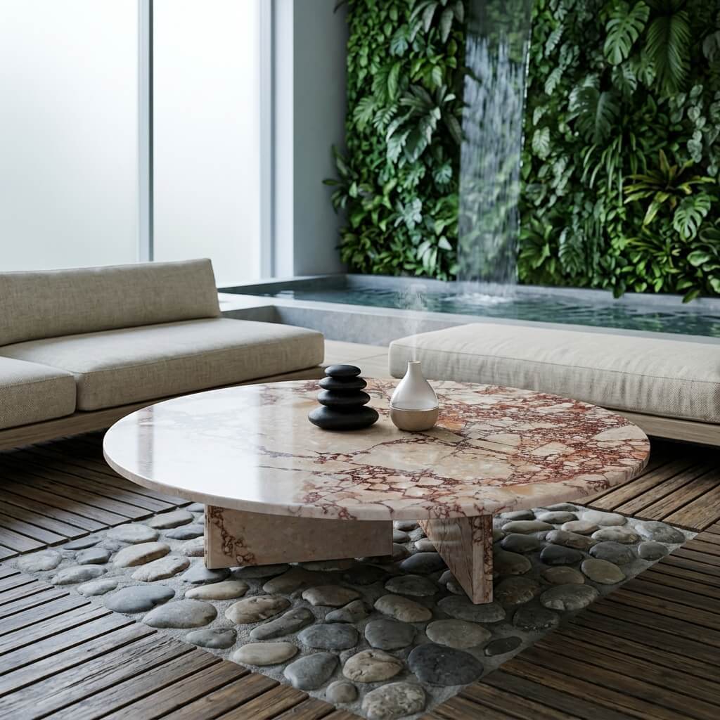 Round Diamond Pink marble coffee table placed on a pebble inlay floor in a Zen-inspired wellness room with a vertical garden and waterfall.