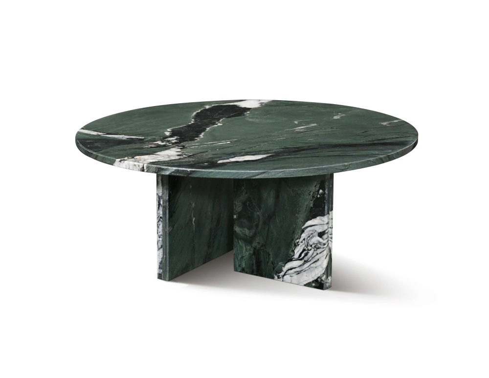 Luxury round coffee table made of 100% natural Diamond Green marble featuring dramatic white and black veining against a deep green background.