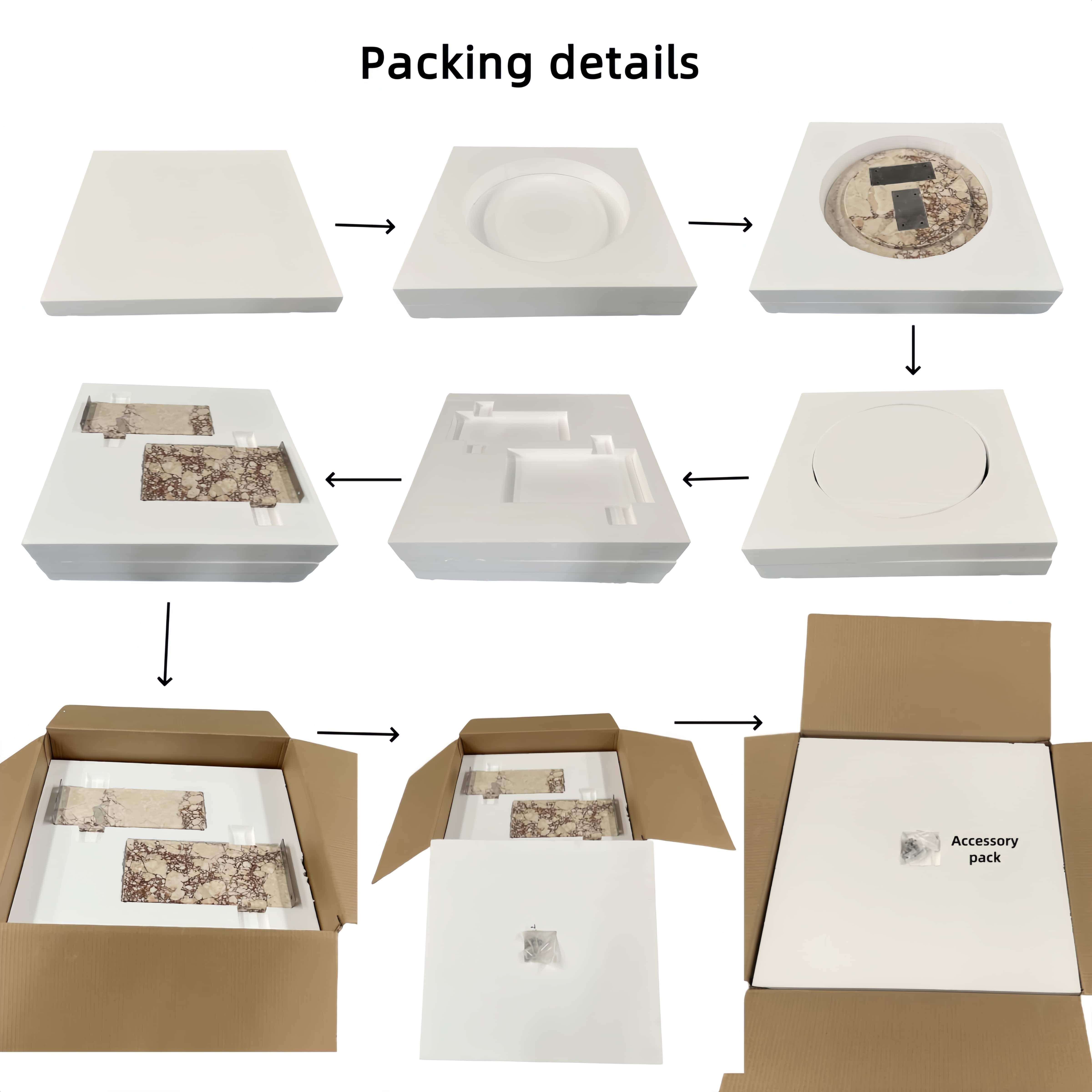 Diamond Pink marble side table packaging process: custom-molded EPE foam inserts for round tabletop and dual stone base panels, double-layer corrugated carton with accessory pack, 9-step protective packaging for safe delivery.