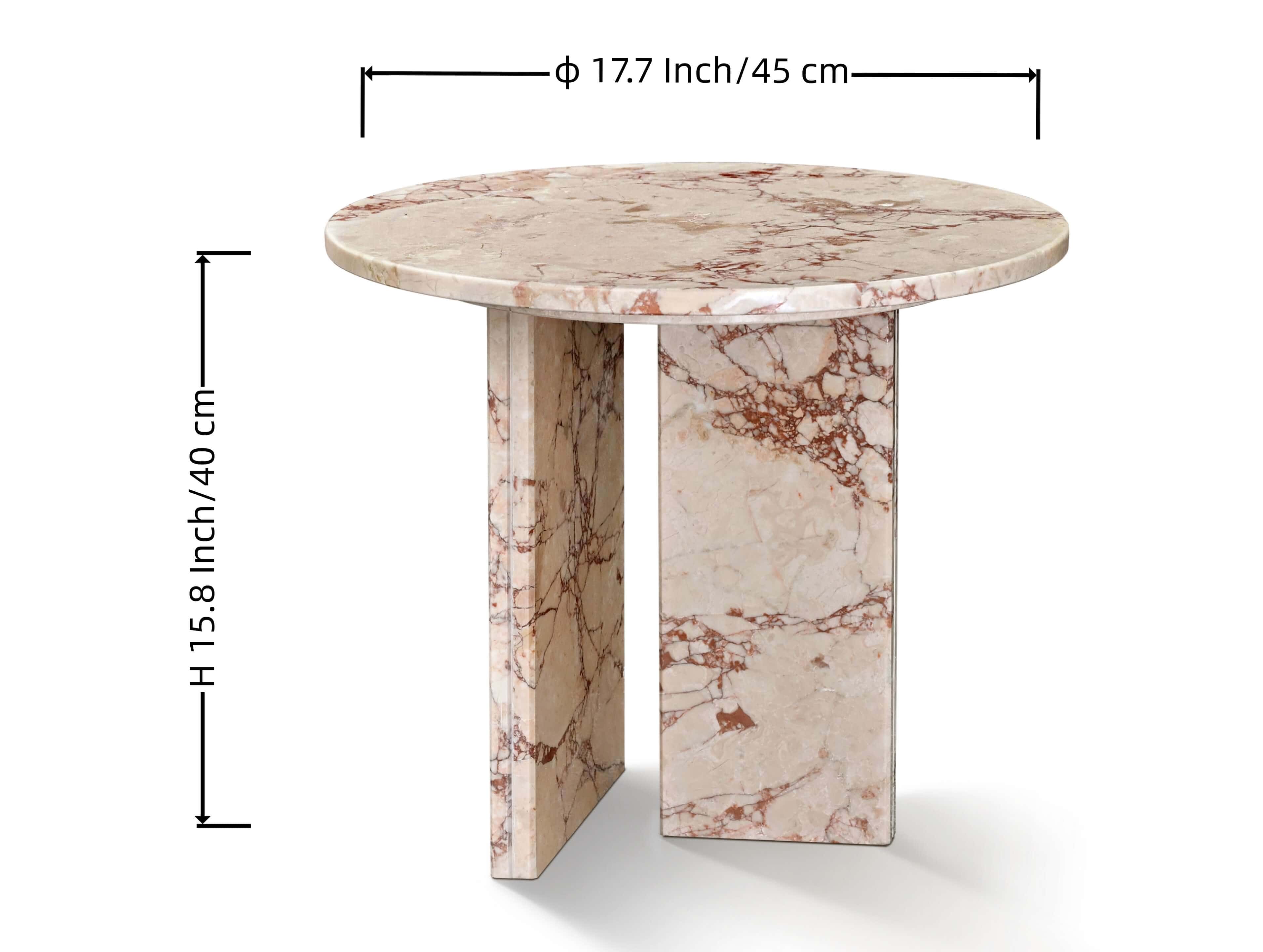 Diamond Pink marble side table dimension diagram: diameter &Oslash;17.7 inch (45cm), height 15.8 inch (40cm), dual-panel base structure, polished natural marble.
