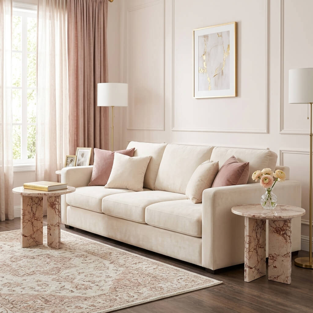 Pair of Diamond Pink marble side tables as matching end tables beside a cream boucle sofa in a French elegant blush living room &mdash; panel molding walls, rose velvet floor-length curtains, gold floor lamps, vintage-style pink area rug, orange ranunculus flowers in glass vase.