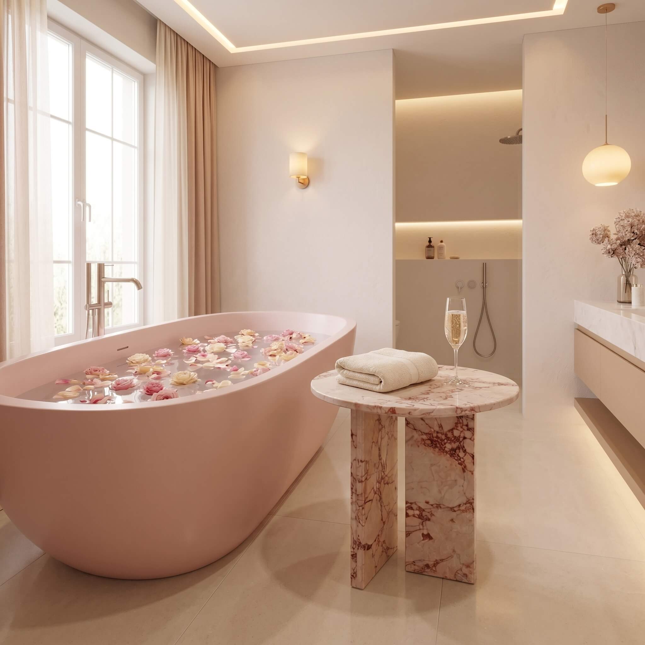 Diamond Pink marble side table beside a dusty rose freestanding oval bathtub filled with floating pink and cream rose petals &mdash; champagne flute and folded ivory towel on polished stone surface, gold wall sconce, LED-lit shower alcove, luxury boutique hotel bathroom aesthetic.