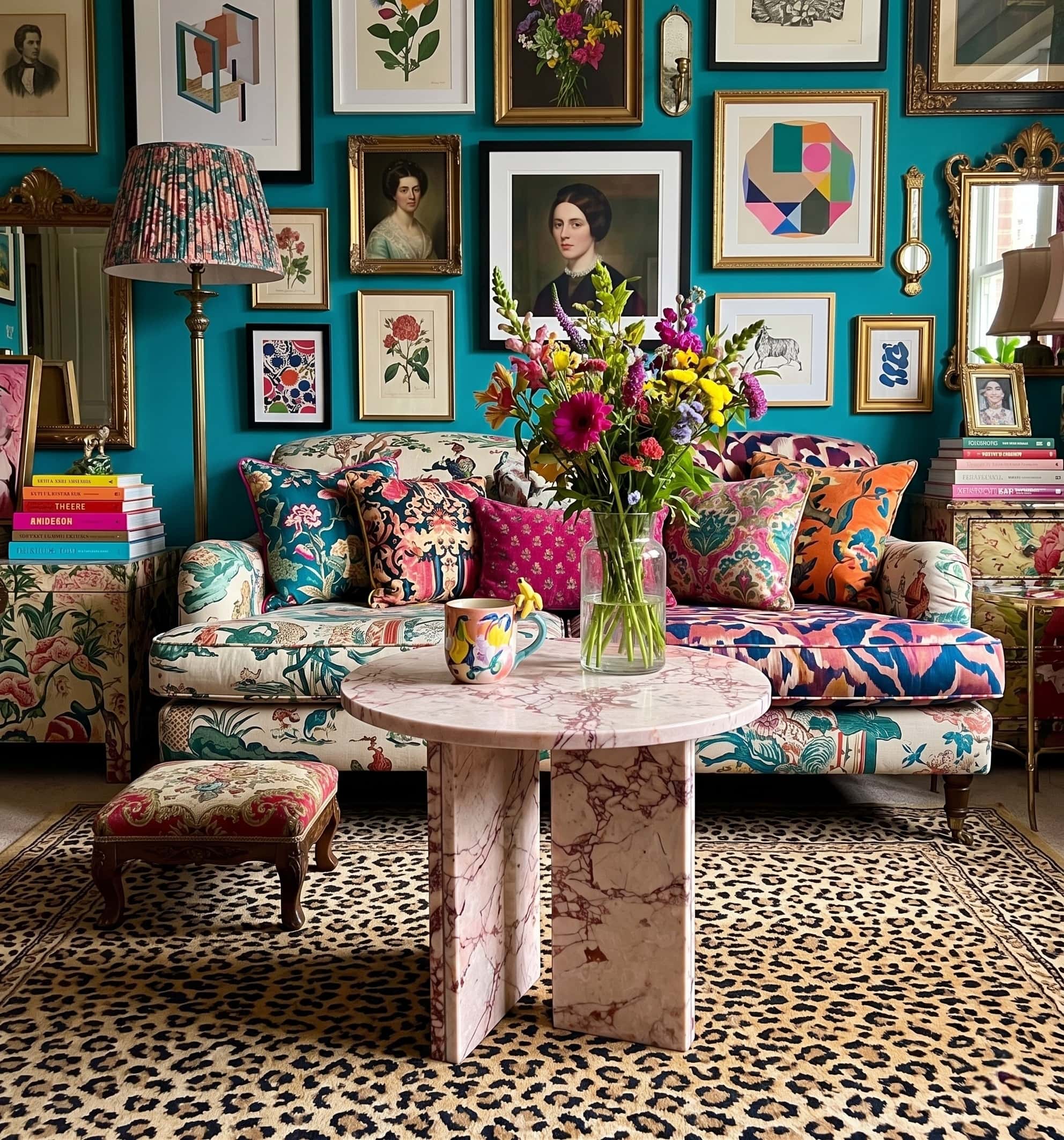 Diamond Pink natural marble round coffee table as a neutral centerpiece in a maximalist teal gallery wall living room &mdash; multicolor floral print English sofa, leopard print area rug, dense mix of oil portraits and botanical prints in gold frames, wild flower bouquet in glass vase on polished marble surface.