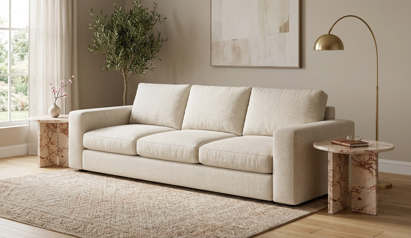 Two Diamond Pink marble side tables placed symmetrically on either side of a cream linen sofa in a warm organic modern living room &mdash; olive tree in white ceramic pot, gold arc floor lamp, abstract sand-tone wall art, light oak hardwood floor and woven area rug.