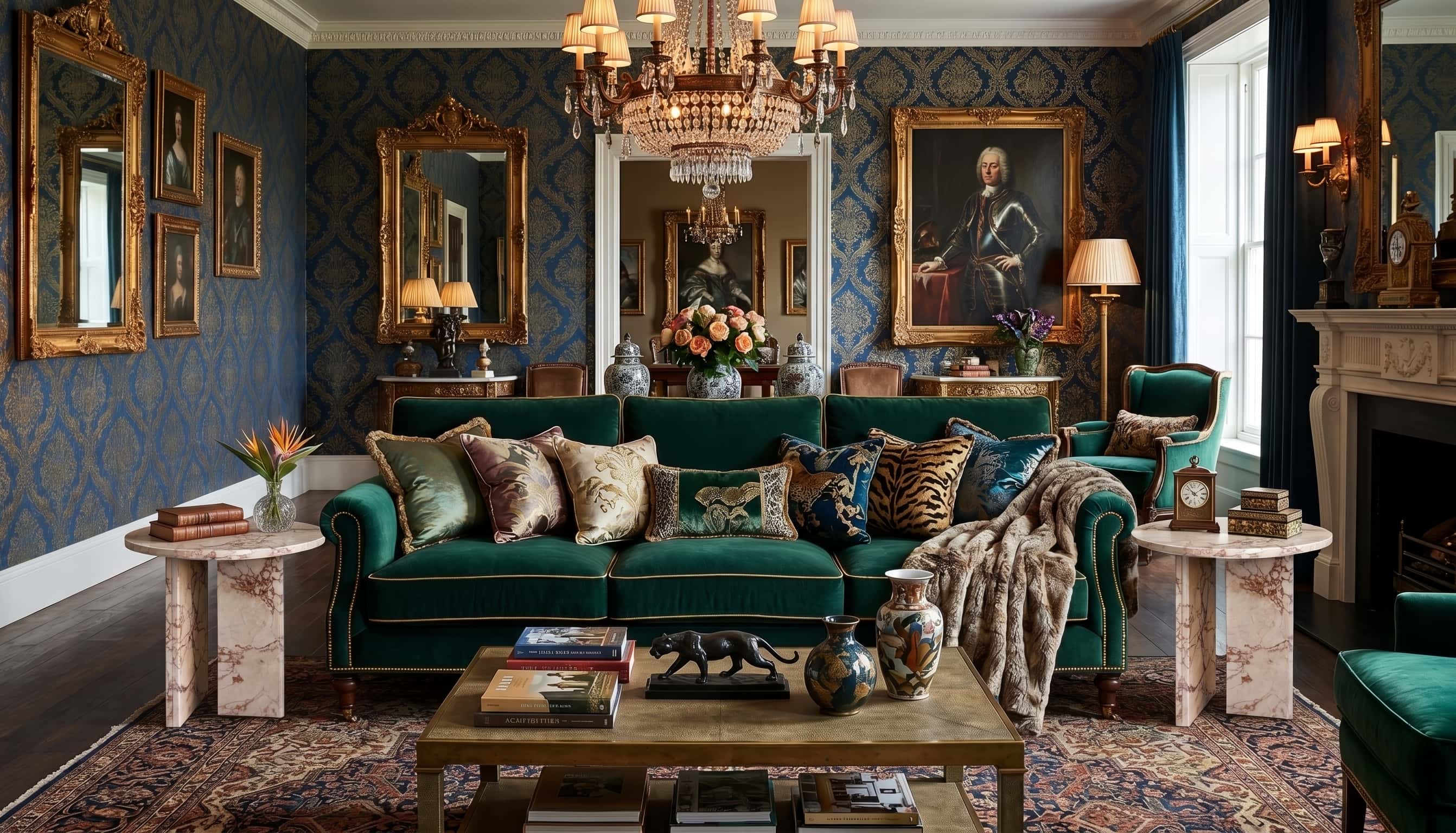 Pair of Diamond Pink natural marble side tables flanking a hunter green velvet English Chesterfield sofa in a Victorian dark academia living room &mdash; royal blue damask wallpaper, crystal chandelier, dense gold-frame portrait gallery wall, Persian rug, warm dramatic lighting.