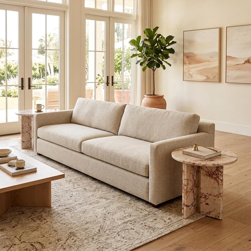 Two Diamond Pink marble side tables paired with a low natural wood coffee table in a California modern living room — sand-tone linen sofa, French doors with garden view, fiddle leaf fig in terracotta pot, desert landscape watercolor art on wall.