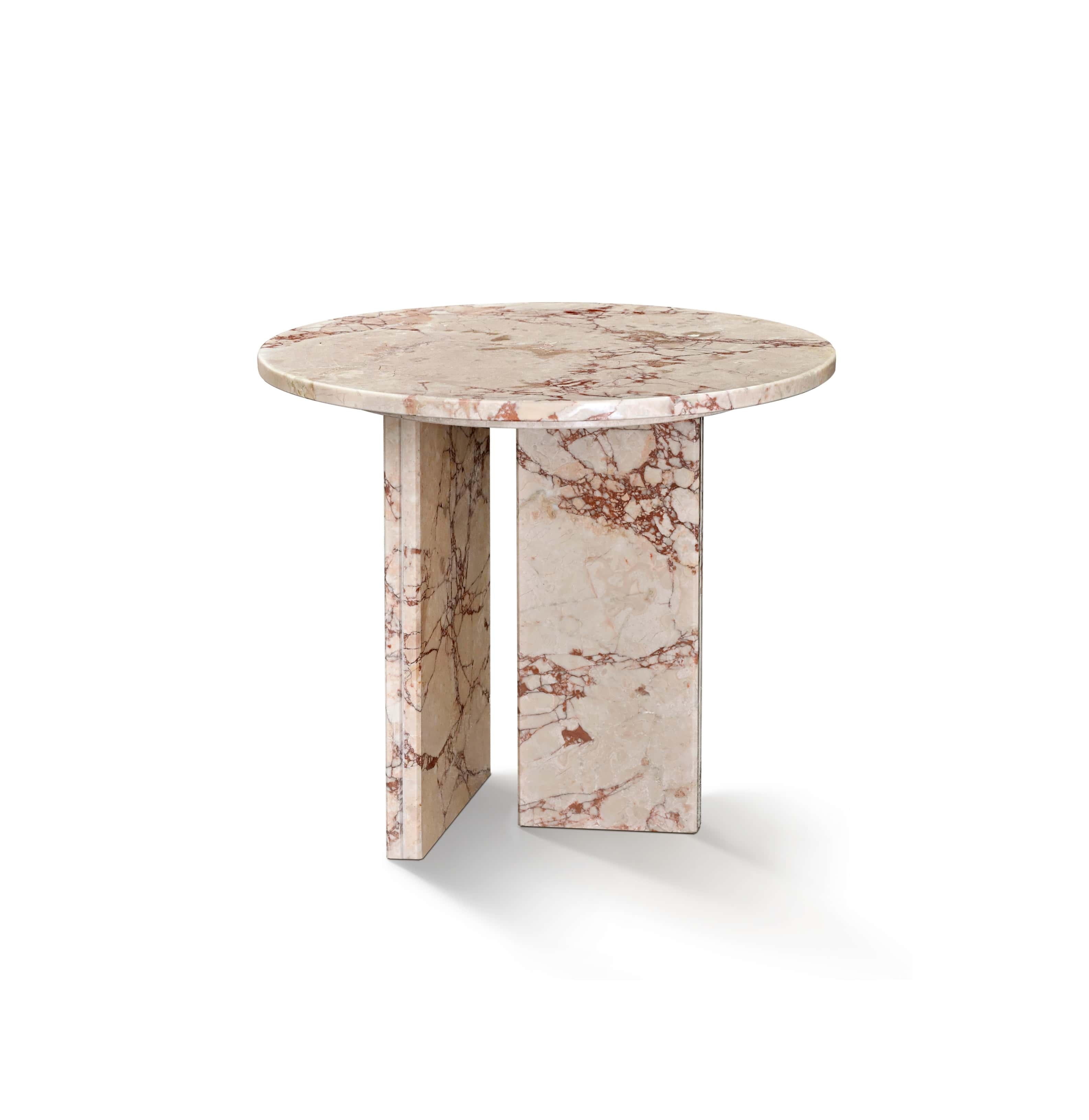 Diamond Pink natural marble side table with polished surface, round tabletop Ø17.7 inch (45cm), dual-panel cross base, warm off-white ground with burgundy veining, white background product view.
