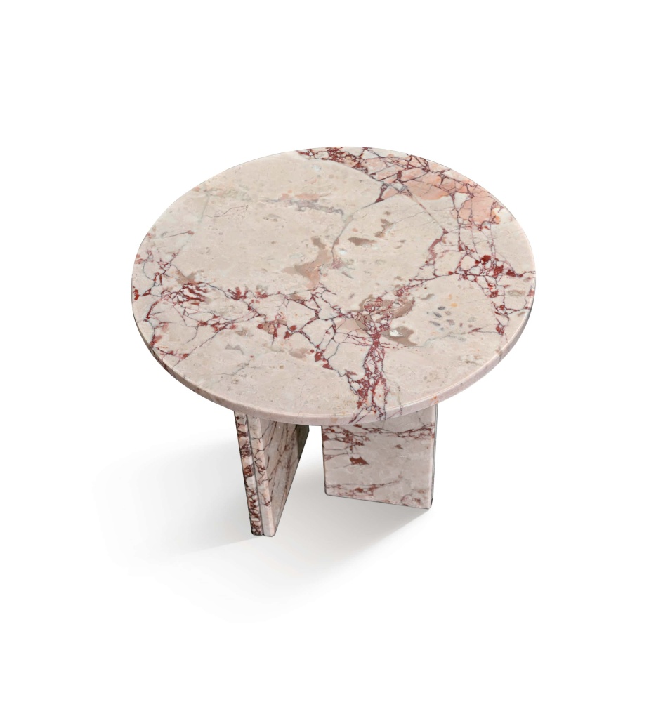 Diamond Pink marble side table overhead view showing polished round tabletop with natural burgundy and crimson veining pattern, unique stone surface detail, Ø45cm diameter.