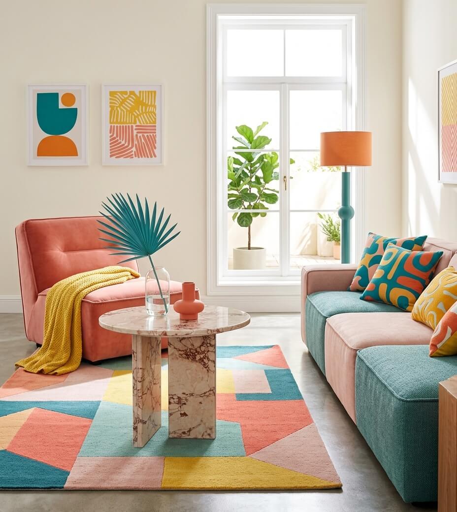 Diamond Pink marble round coffee table as a neutral anchor in a colorful eclectic boho living room with coral velvet chair, geometric patterned rug, and teal sofa — natural stone veining contrasts saturated textile colors.