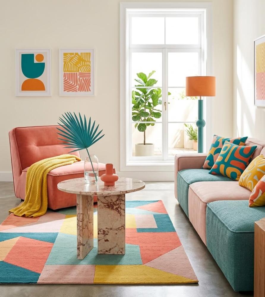 Diamond Pink marble round coffee table as a neutral anchor in a colorful eclectic boho living room with coral velvet chair, geometric patterned rug, and teal sofa — natural stone veining contrasts saturated textile colors.