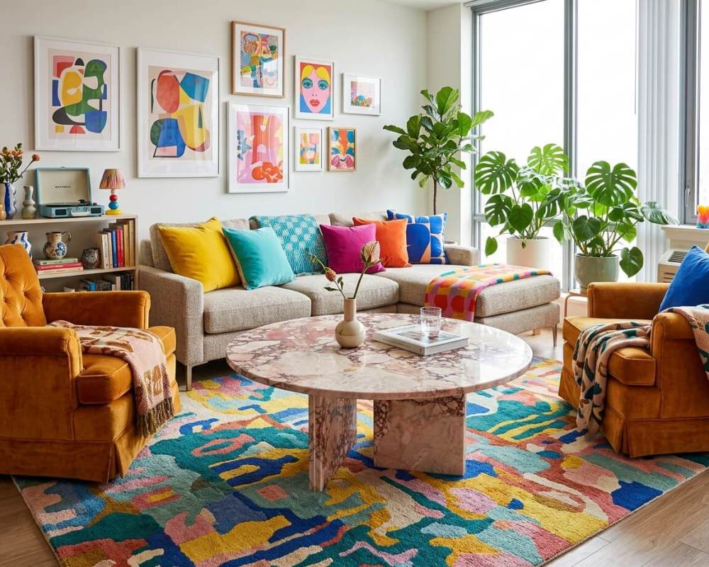 Diamond Pink natural marble round coffee table in an eclectic living room setting — colorful abstract gallery wall, orange velvet armchairs, multi-color abstract area rug, styled with a ceramic vase and stacked books on polished marble surface.