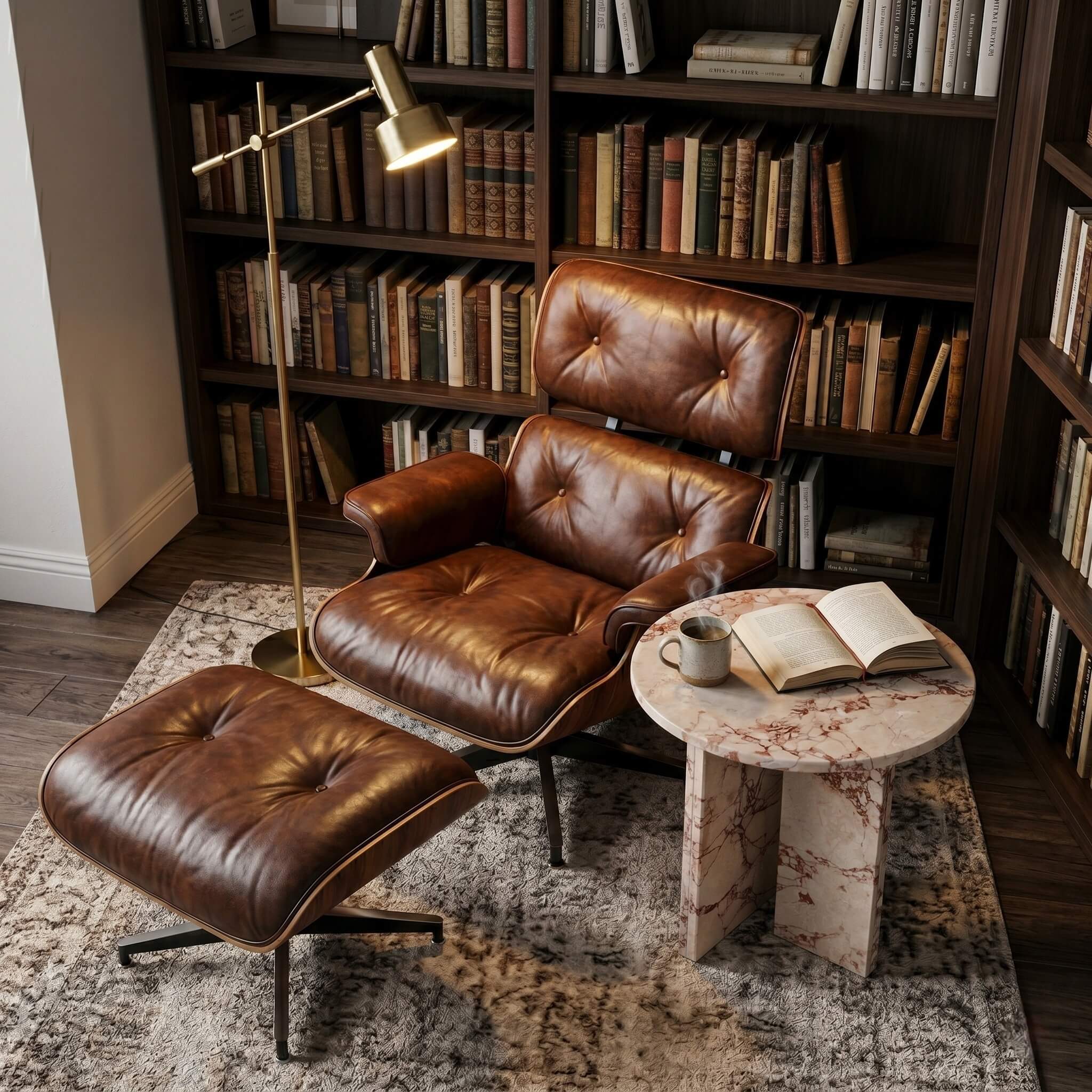 Diamond Pink marble side table beside a tufted brown leather lounge chair in a home library reading nook — walnut bookshelves, brass floor lamp, open book and steaming mug on polished marble tabletop, Ø17.7 inch.