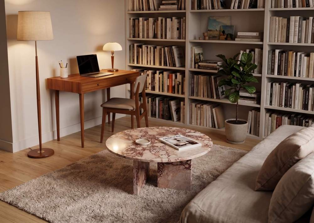 Diamond Pink marble coffee table in a home library and study — floor-to-ceiling open bookshelves, mid-century modern walnut writing desk with laptop and brass gooseneck lamp, drum-shade floor lamp casting warm light, design book and ceramic dish on marble tabletop.