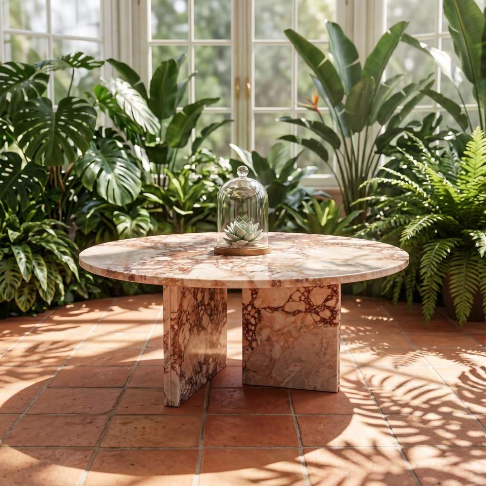 Diamond Pink marble round coffee table in an indoor conservatory — dense tropical plant backdrop including monstera, bird of paradise, and ferns, terracotta-tile floor with leaf shadow patterns, glass cloche with ceramic lotus sculpture on marble surface, direct natural light creating high-contrast veining on polished tabletop.