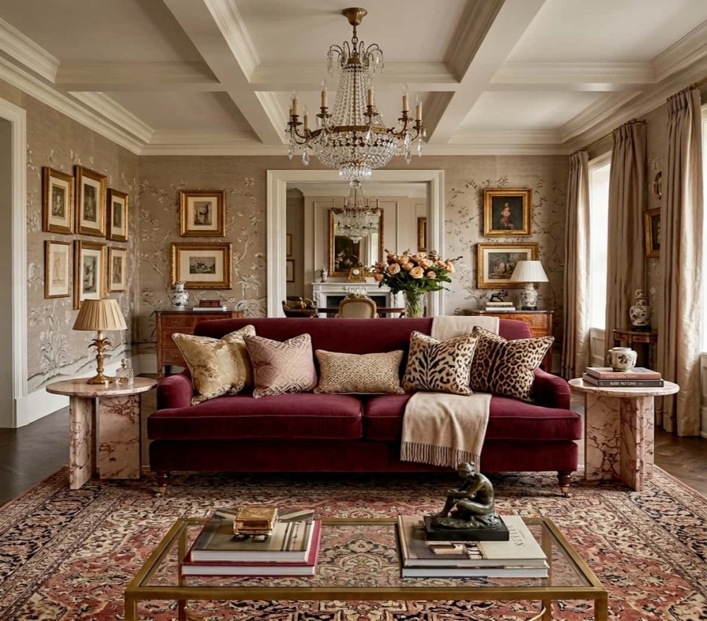 Pair of Diamond Pink marble side tables flanking a deep burgundy velvet English roll-arm sofa in an old money traditional living room — chinoiserie wallpaper, coffered ceiling with crystal chandelier, Persian rug, gold-frame oil paintings, gold table lamp and crystal glassware as tabletop accessories.