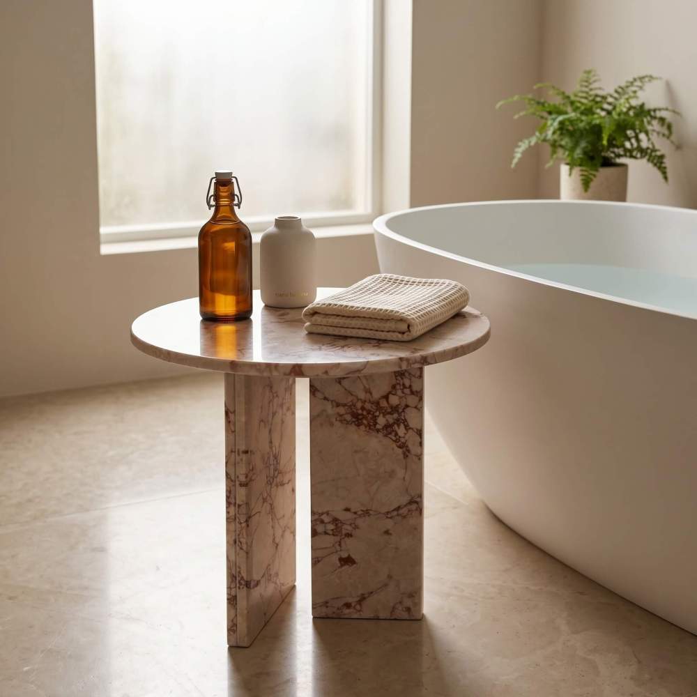 Diamond Pink natural marble side table placed beside a white freestanding oval bathtub in a luxury spa bathroom — amber glass bath oil bottle, white ceramic skincare vessel, folded waffle-weave towel on polished stone surface, soft diffused light through frosted window.