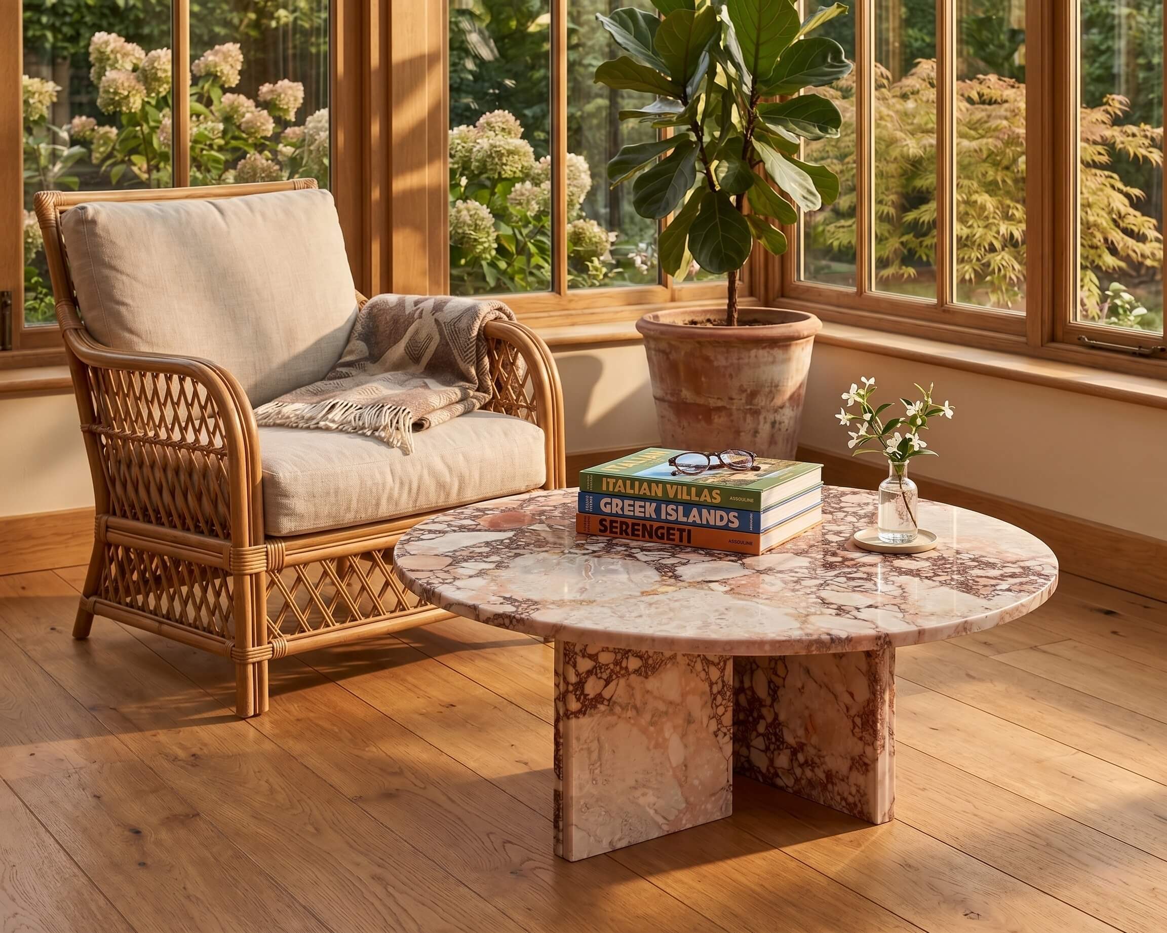 Diamond Pink natural marble round coffee table in a sunroom setting — rattan armchair with linen cushion, honey-toned oak floor, terracotta potted fiddle-leaf fig, Assouline books and glass bud vase on polished marble surface, warm late-afternoon light through floor-to-ceiling wood-framed windows.