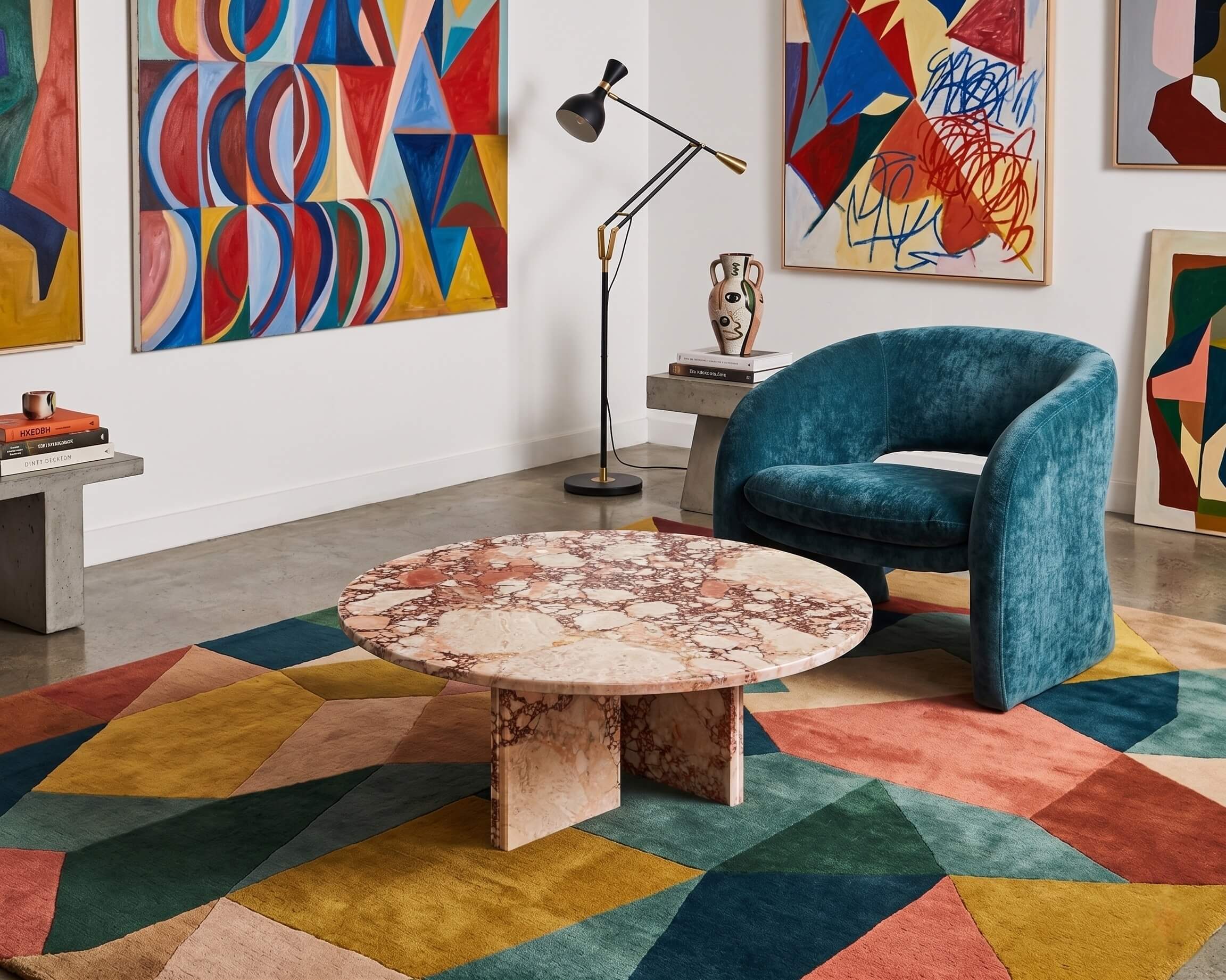A statement pink marble coffee table set against a colorful geometric rug and abstract art, showcasing the versatility of its bold natural veining.
