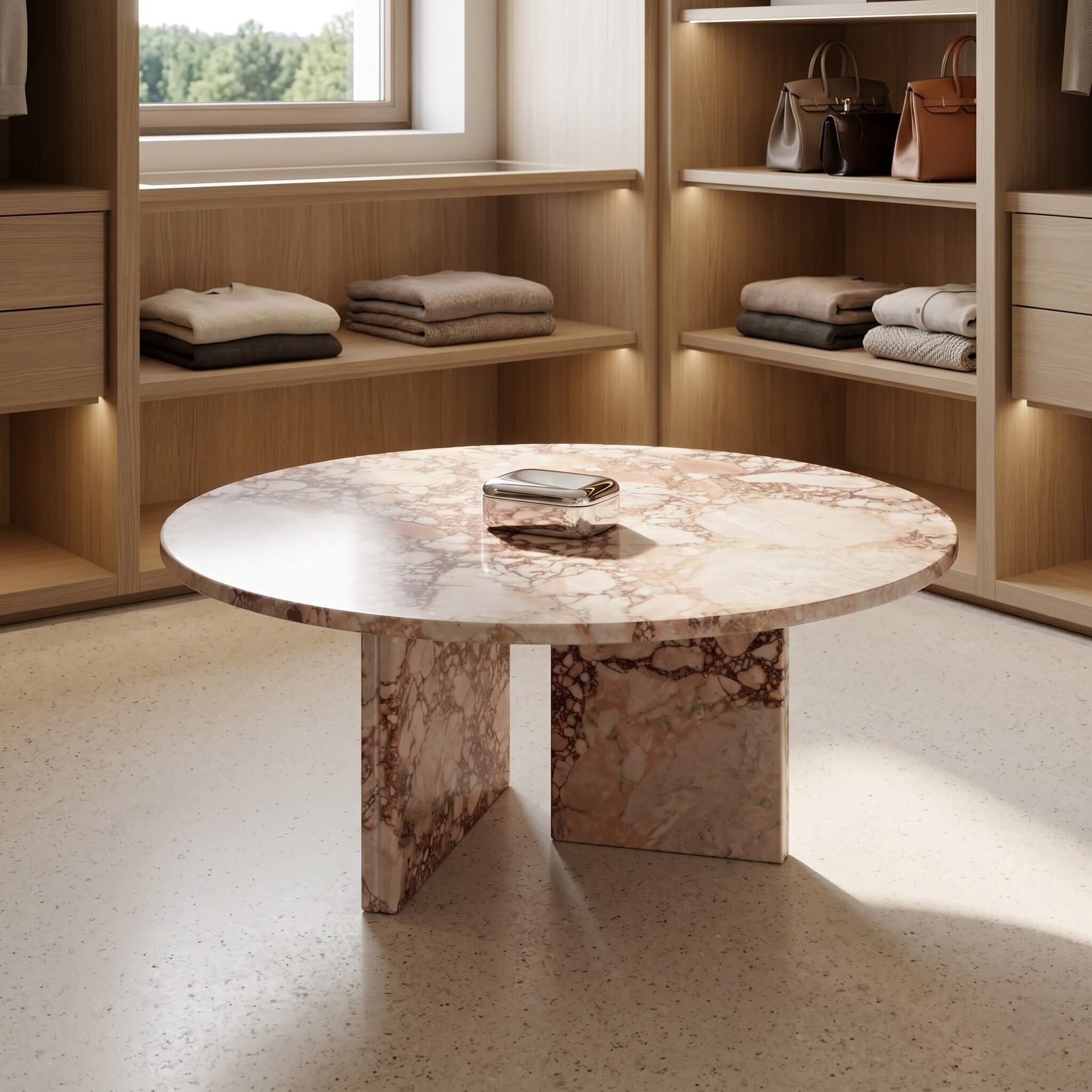 A polished pink marble center table acting as a sophisticated centerpiece in a high-end walk-in closet featuring designer accessory displays.