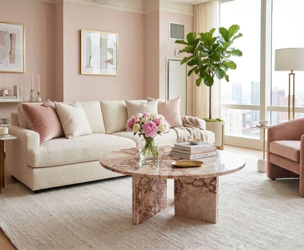 A rosy breccia marble coffee table in a modern chic penthouse living room, styled with fresh peonies to complement the sophisticated feminine aesthetic.