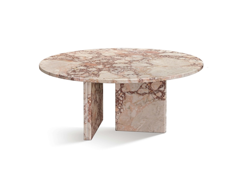 A 70cm round pink natural marble coffee table with a polished finish, featuring unique brecciated patterns and a three-panel geometric marble base.