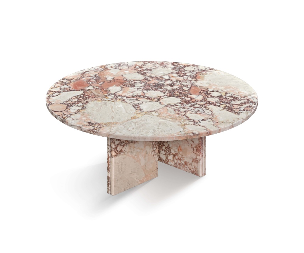 Side view of a luxury pink marble center table highlighting the interlocking marble slab base and the 12.6-inch height ideal for modern lounges.