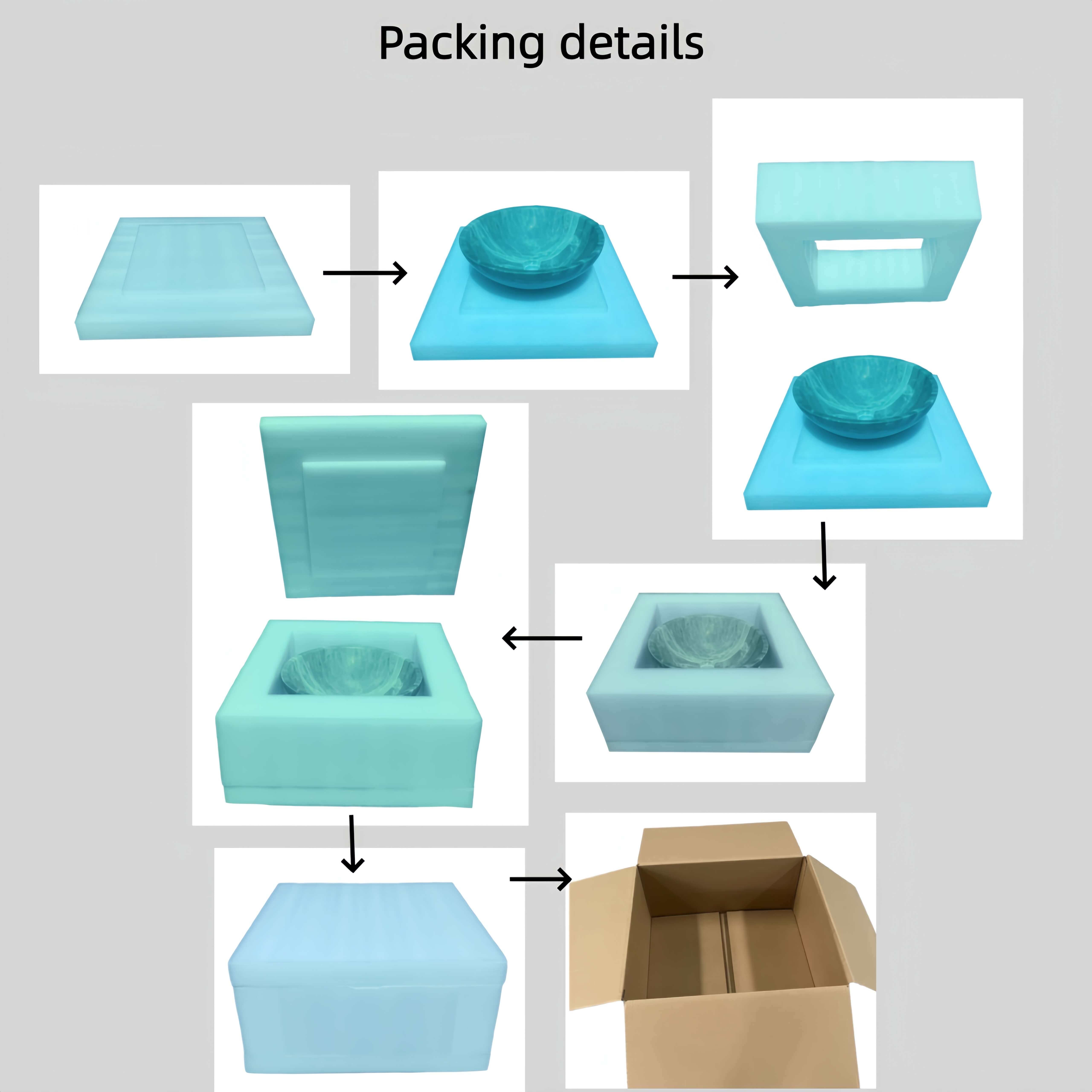 Six-step protective packaging process for marble vessel sink: EPE foam base cushion, custom-fit foam cradle, top foam cap with molded recess, full four-side foam enclosure, outer protective film wrap, double-wall corrugated carton, engineered for stone artifact transit safety.