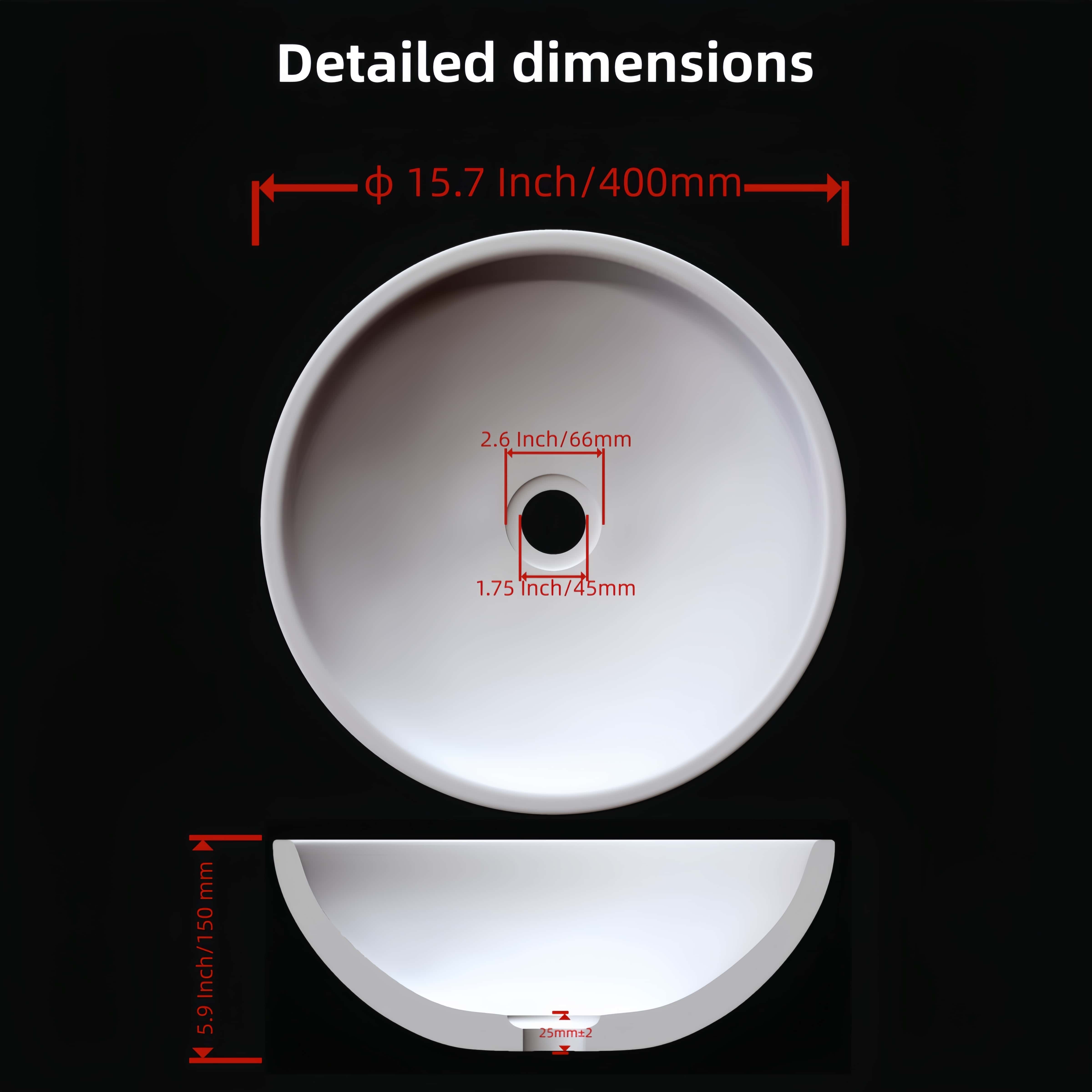 Technical dimension diagram of round marble vessel sink: outer diameter 15.7 inches (400mm), basin height 5.9 inches (150mm), drain hole inner diameter 1.75 inches (45mm), drain hole outer diameter 2.6 inches (66mm), base thickness 25mm, black background with red dimension callouts.