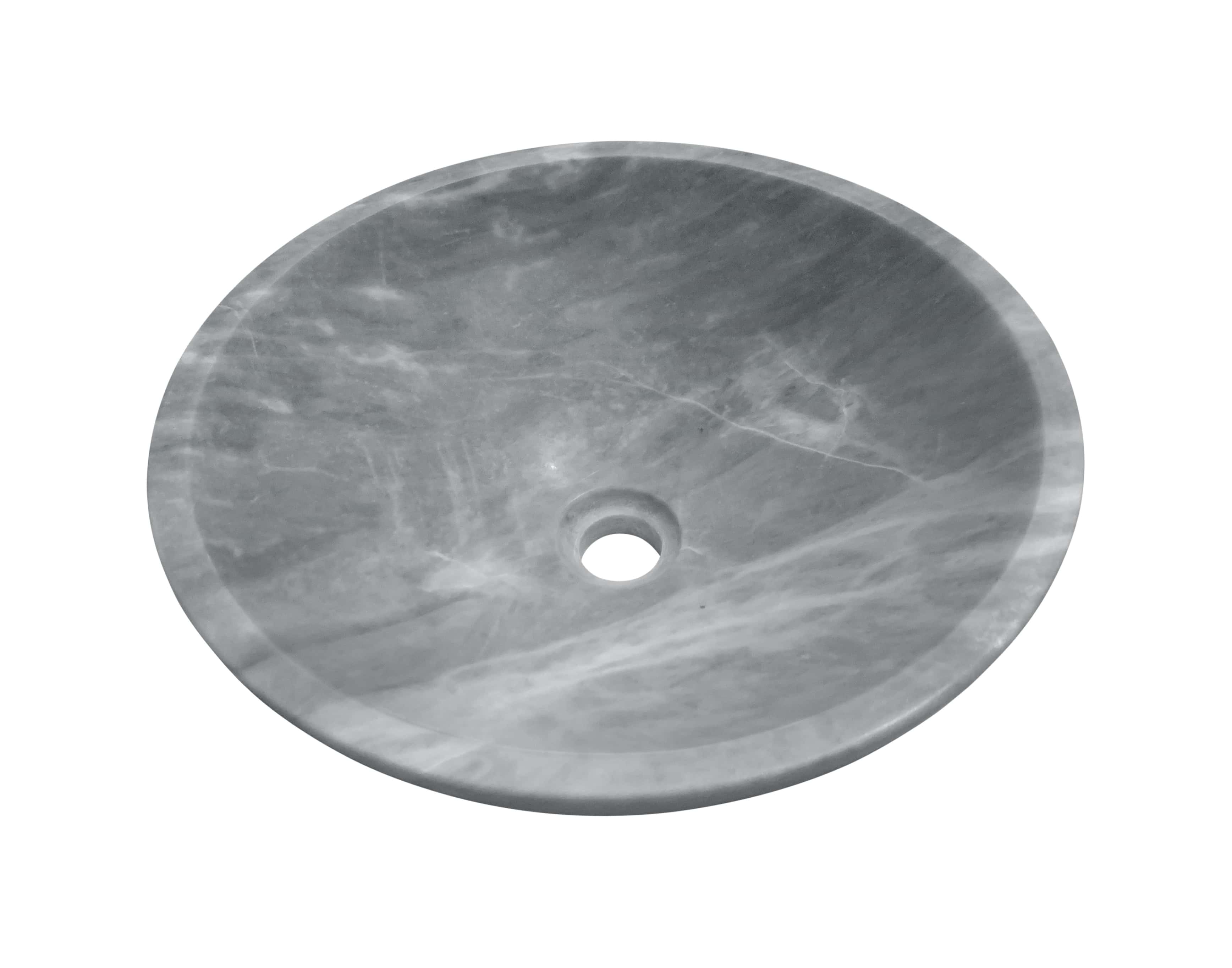 High-angle three-quarter view of round Carrara gray marble vessel sink emphasizing wide flat rim surface and interior basin depth, continuous gray and white stone veining, center drain, honed finish, white background.