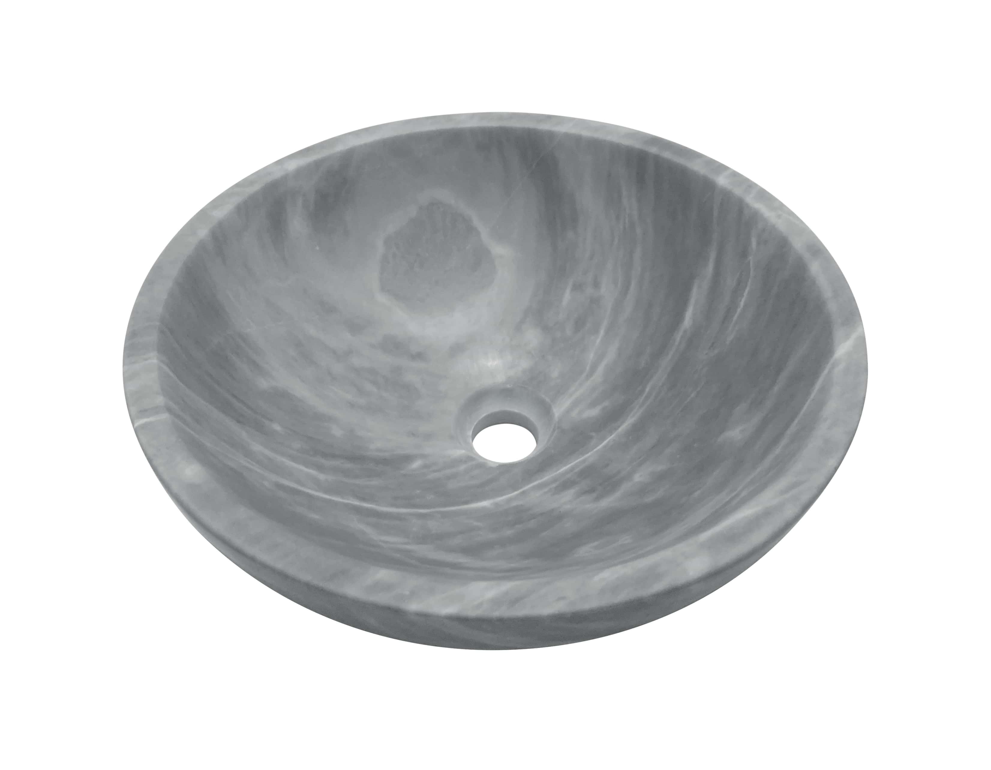 Carrara gray marble round vessel sink displaying dynamic swirling white vein pattern with central crystalline cloud formation, natural stone individuality, honed matte surface, 45-degree view, white background.
