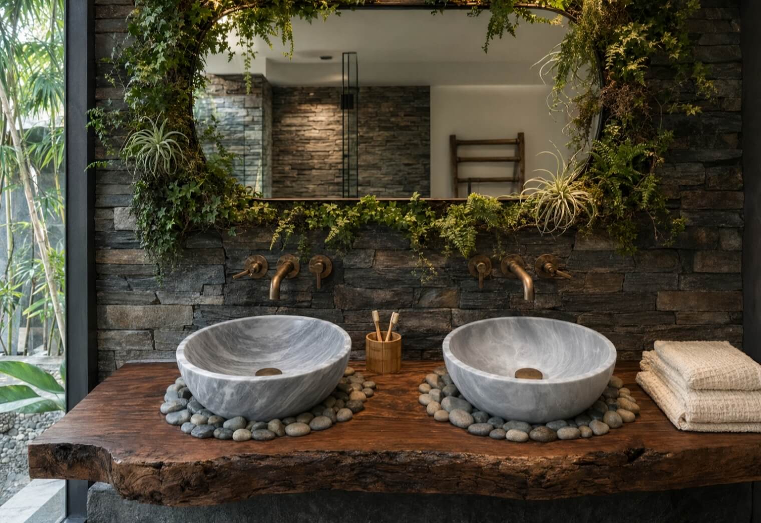 Two Carrara gray marble round vessel sinks resting on river stone beds atop a live-edge reclaimed wood slab, dark slate stacked stone wall, aged brass wall-mounted faucets with separate hot/cold valves, large round wood-framed mirror surrounded by hanging air plants and ferns, tropical bamboo grove visible through floor-to-ceiling glass, resort-grade spa bathroom.