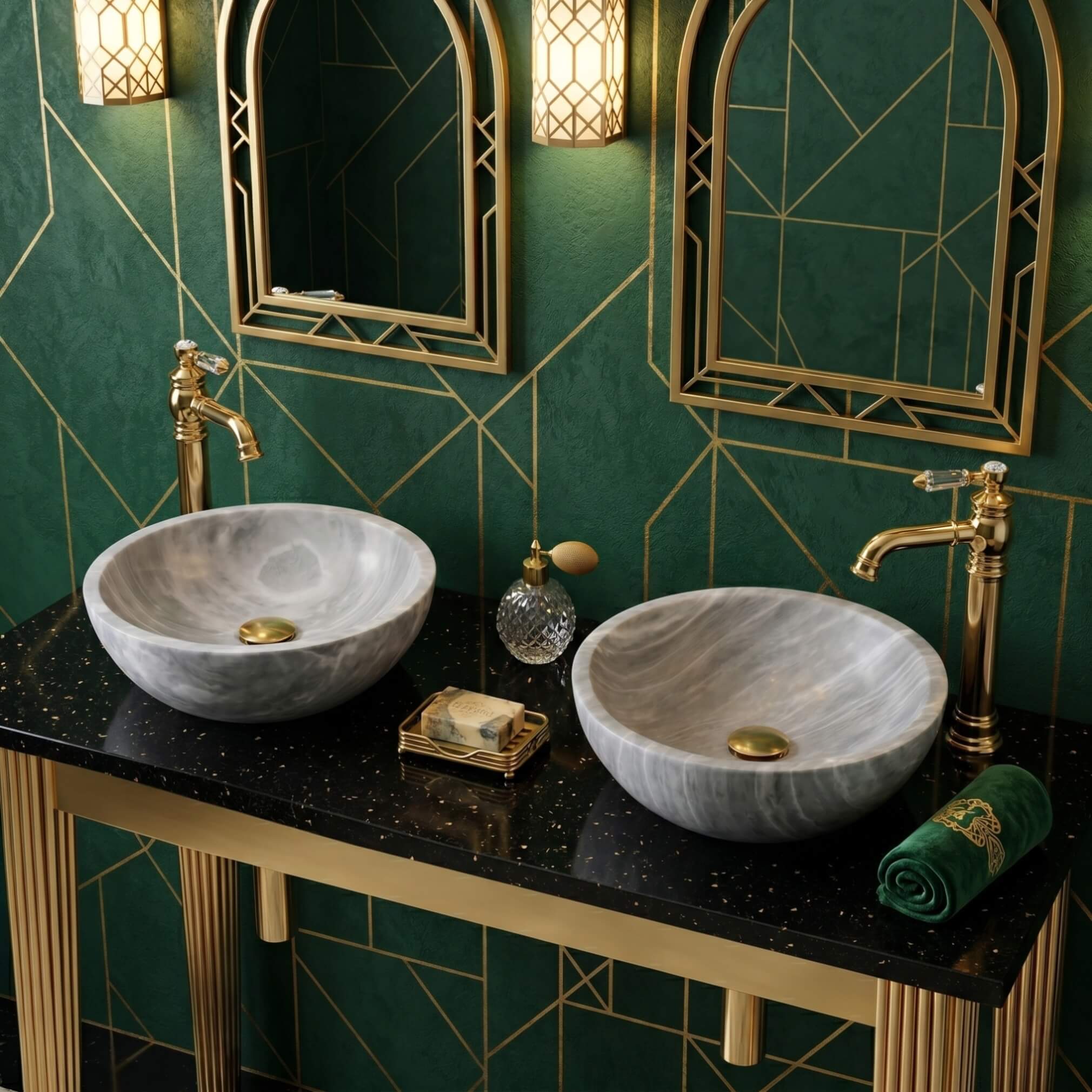 Two Carrara gray marble round vessel sinks on a black terrazzo countertop with gold metal legs in an Art Deco bathroom, emerald green textured walls with inlaid gold geometric lines, arched gold lantern sconces, polished brass faucets with crystal handles.