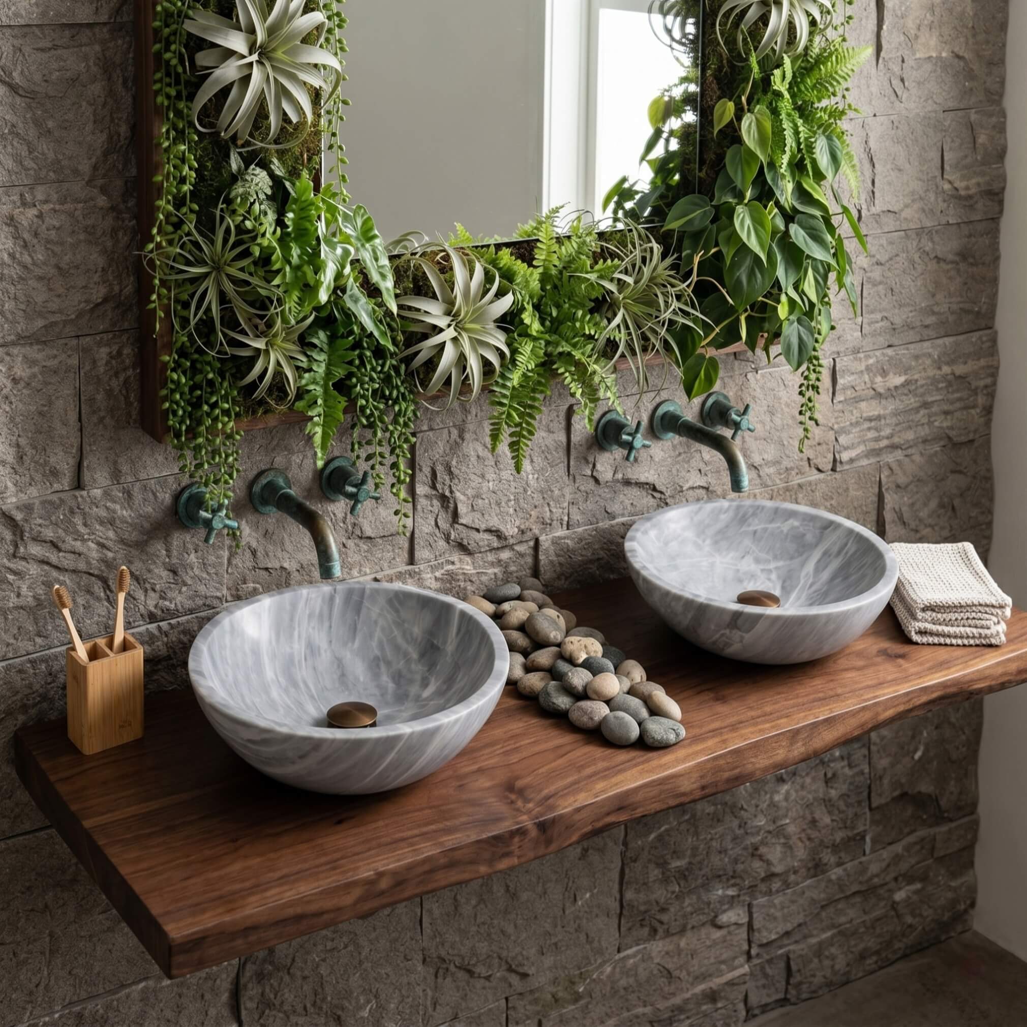 Two Carrara gray marble round vessel sinks on a reclaimed live-edge walnut shelf in a biophilic bathroom with a vertical living plant wall featuring ferns, air plants and pothos, verdigris patinated brass wall-mounted cross-handle faucets, stacked stone wall, bamboo toothbrush accessories, river stone styling.