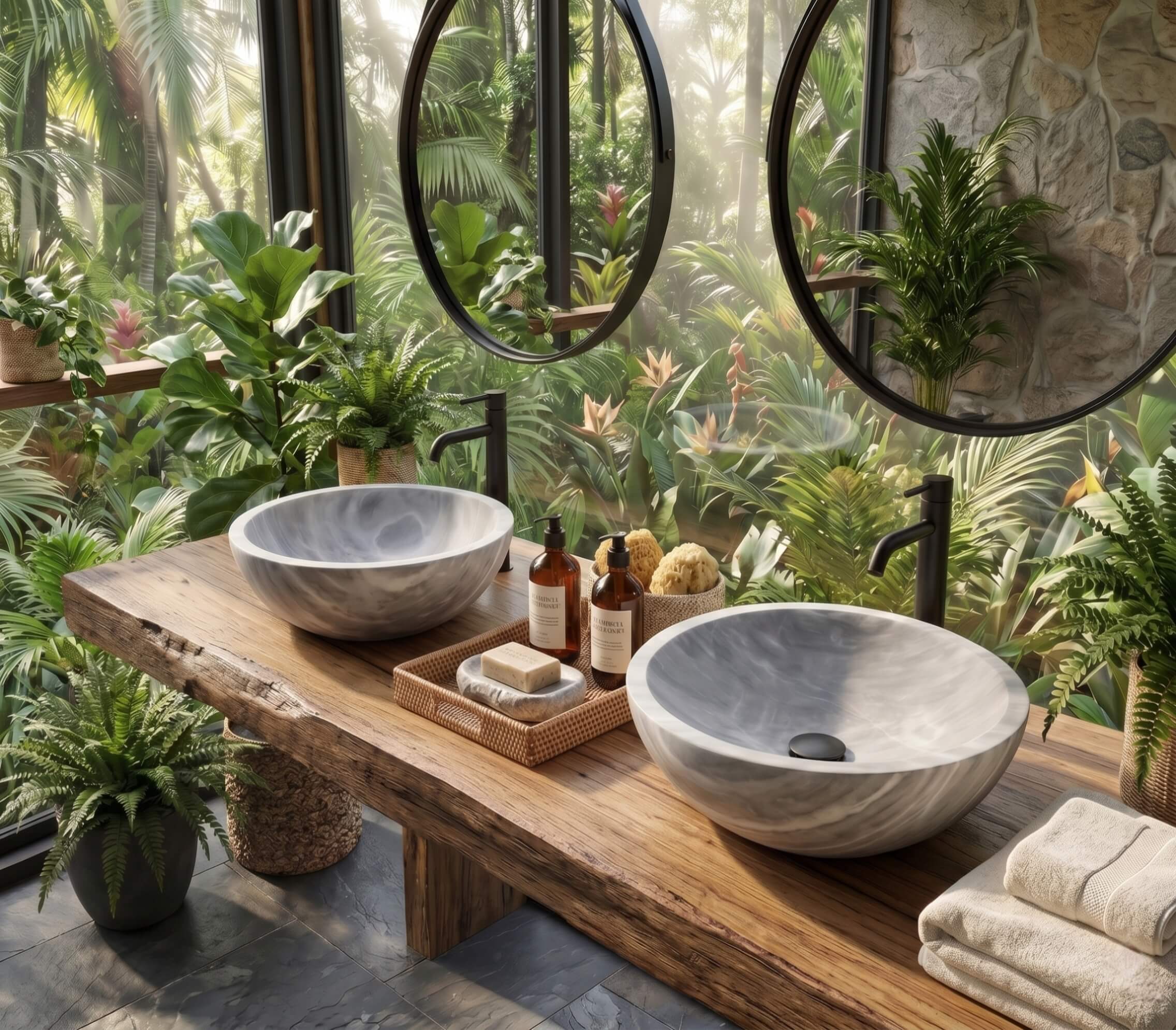 Two Carrara gray marble round vessel sinks on a reclaimed wood vanity bench in a biophilic spa bathroom, floor-to-ceiling tropical garden view through glass walls, matte black tall faucets and round mirrors, rattan tray with amber glass toiletry bottles.