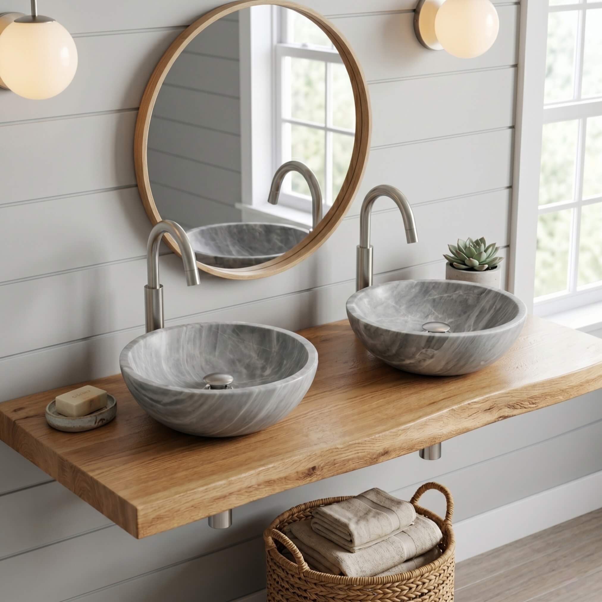Two Carrara gray marble round vessel sinks installed on a floating live-edge oak shelf in a coastal farmhouse bathroom, paired with brushed nickel tall faucets, shiplap white walls, round oak-framed mirror, globe pendant lighting, and woven basket storage below.