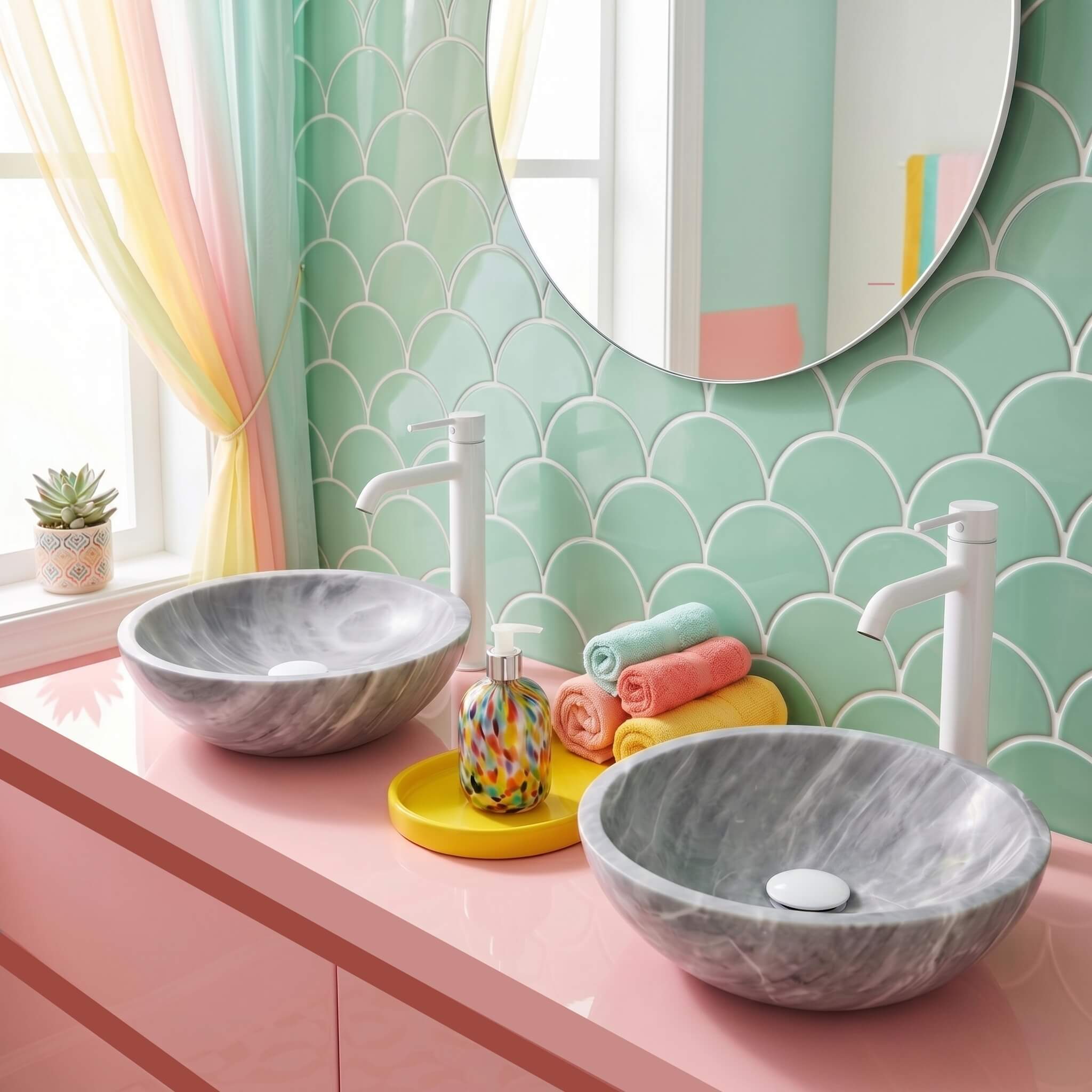 Two Carrara gray marble round vessel sinks on a matte pink vanity countertop against a mint green scallop-pattern ceramic wall tile backdrop, white tall vessel faucets, colorful rolled towels, demonstrating natural gray marble versatility across bold color palettes.