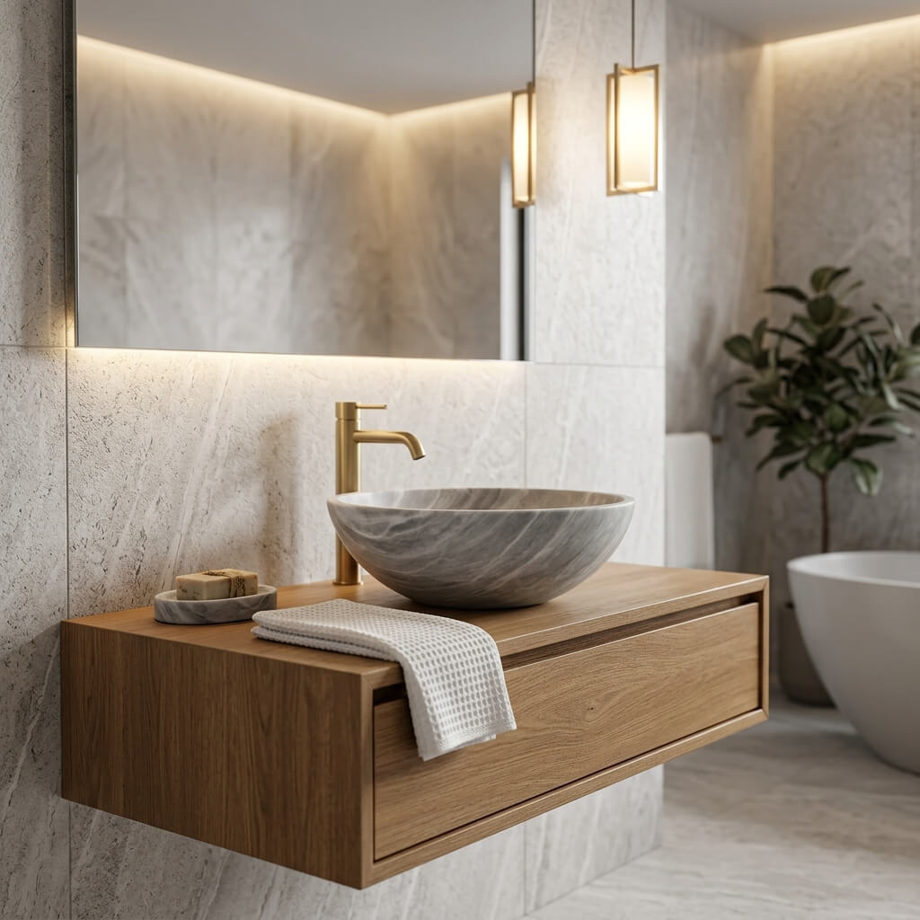 Carrara gray marble round vessel sink on a wall-mounted floating oak vanity in a contemporary luxury bathroom, brushed gold tall faucet, large-format marble veneer wall panels, freestanding white soaking tub in background, gold linear pendant lighting, olive tree accent.