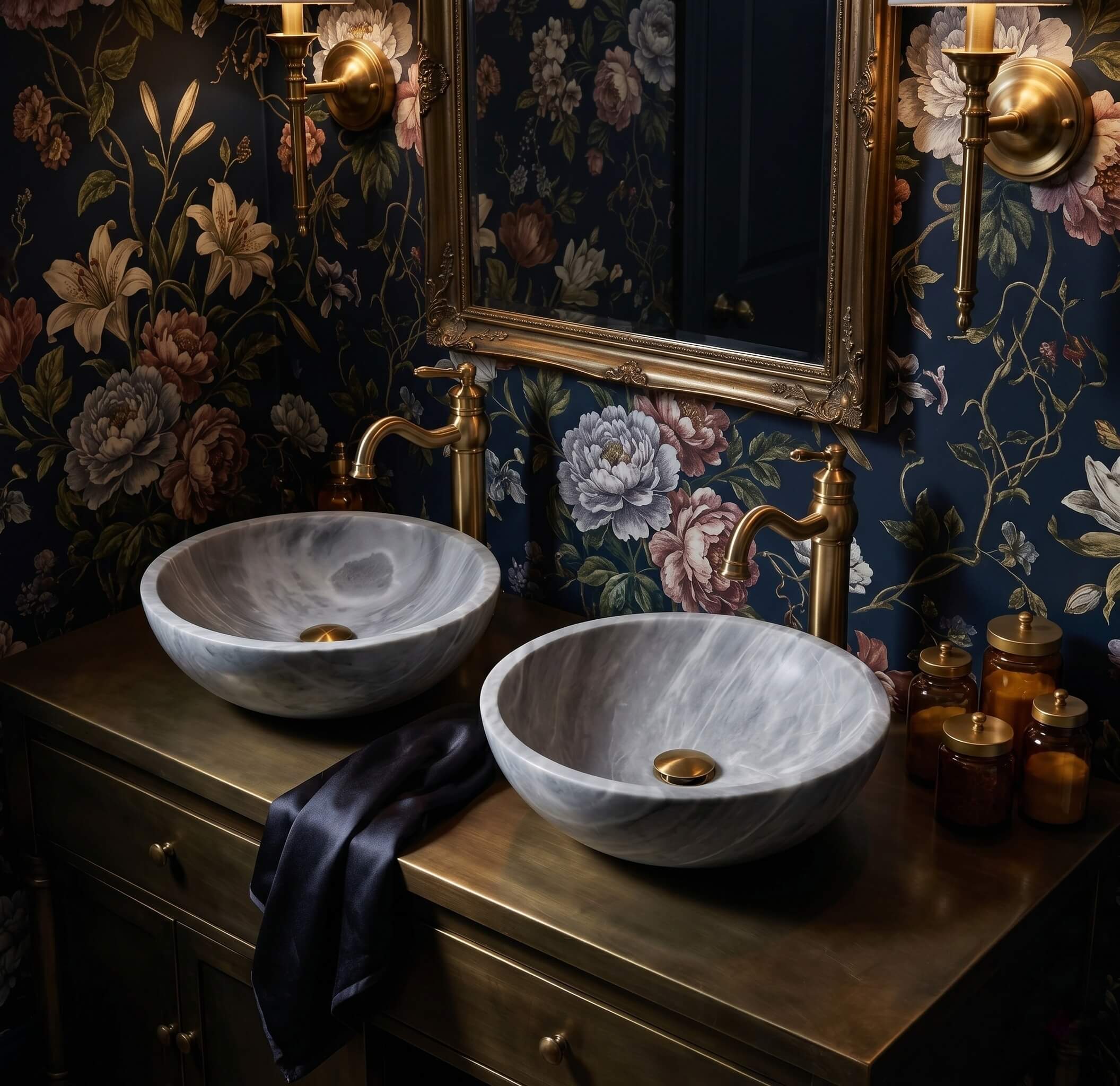 Two Carrara gray marble round vessel sinks on an aged brass vanity surface in a dark romantic bathroom, set against deep navy botanical floral wallpaper with peonies and lilies, antique brass tall faucets, brass wall sconces, gold ornate mirror frame.