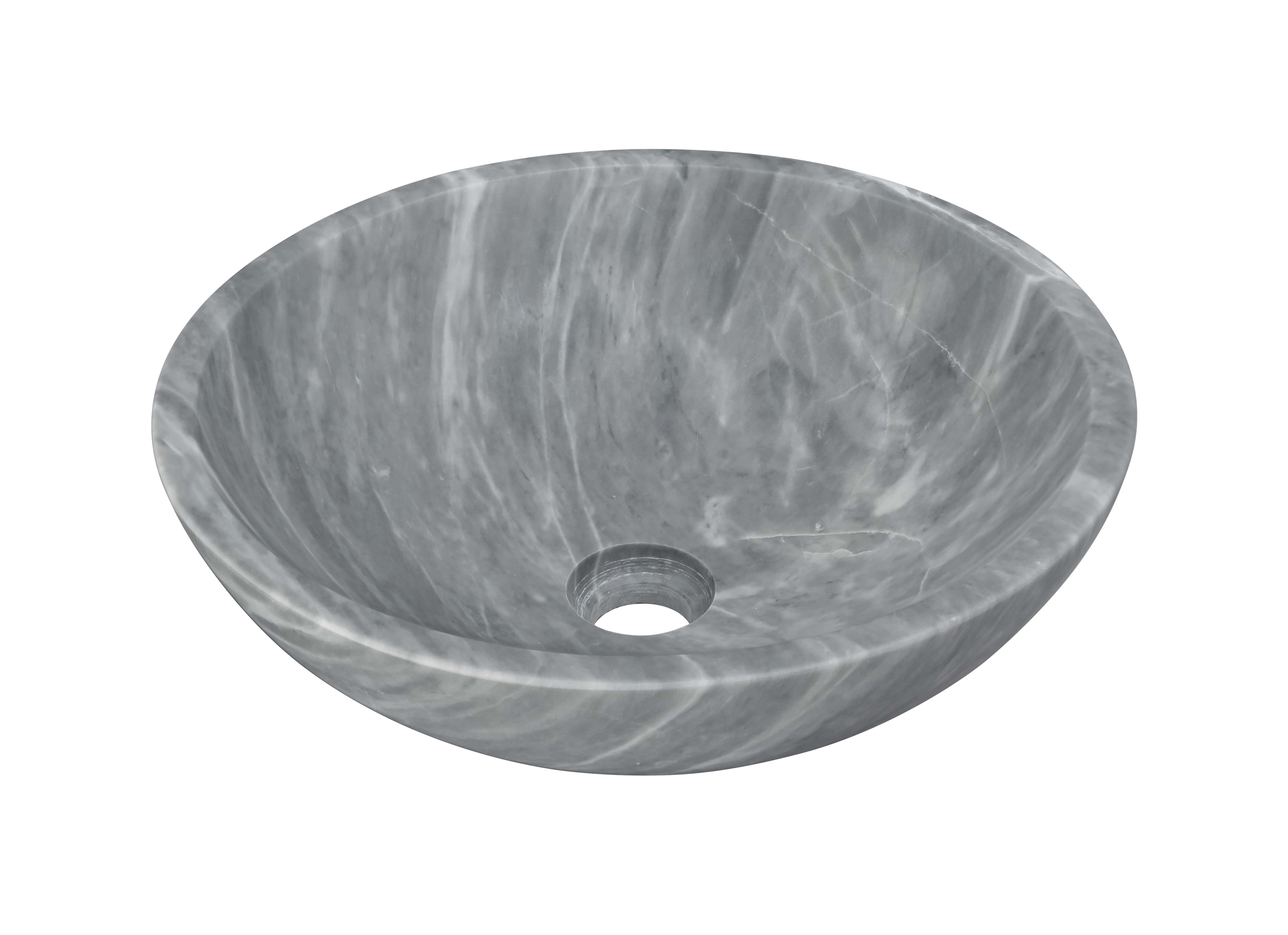 Carrara gray natural marble round vessel sink, honed semi-polished finish, diagonal white veining on gray ground, center drain hole visible, 45-degree angled product view on white background.
