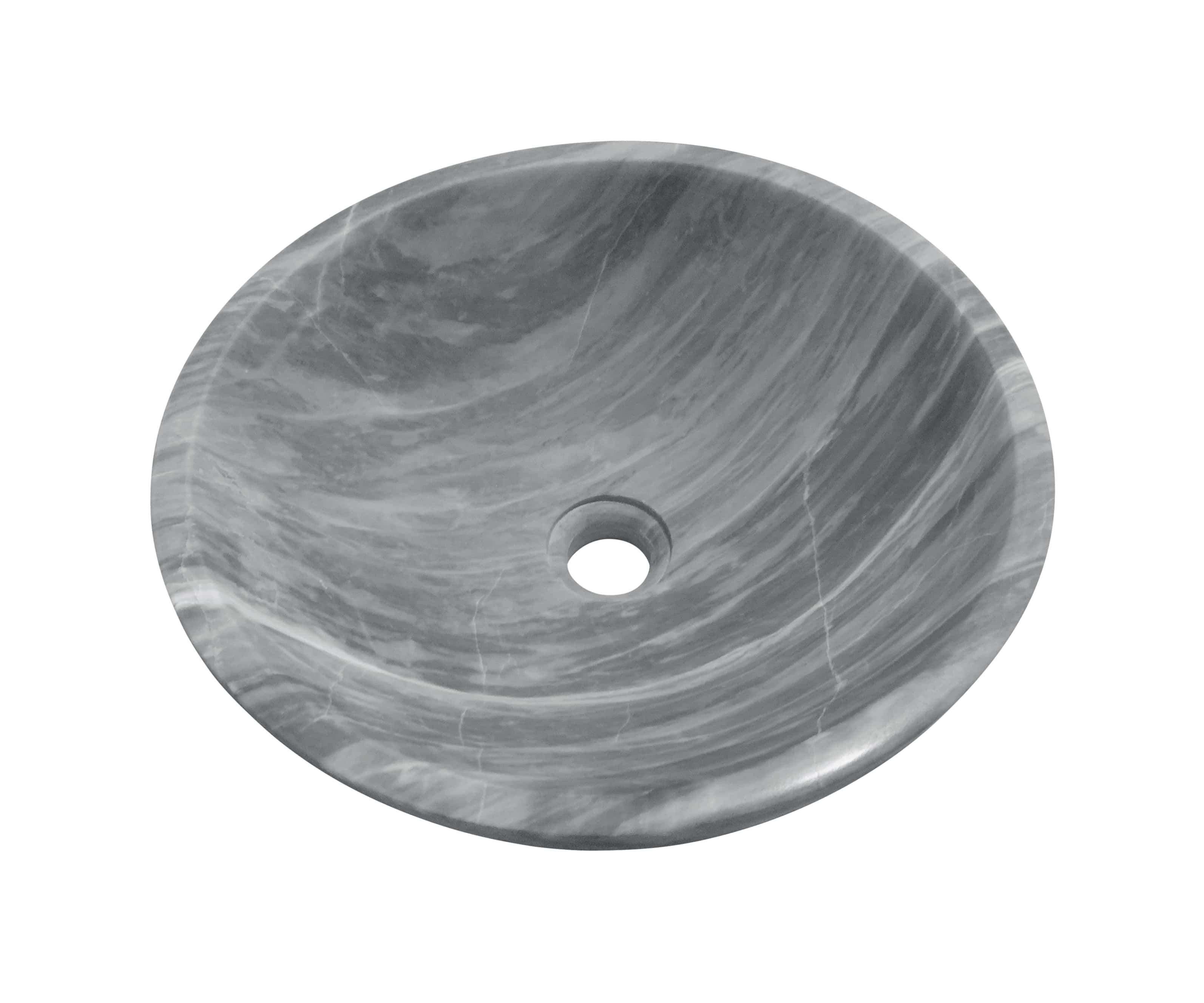 Carrara gray marble bathroom vessel sink low-angle view showing wide flat rim approximately 25mm thick, swirling white veins on gray stone, honed matte surface, center drain hole, white background.