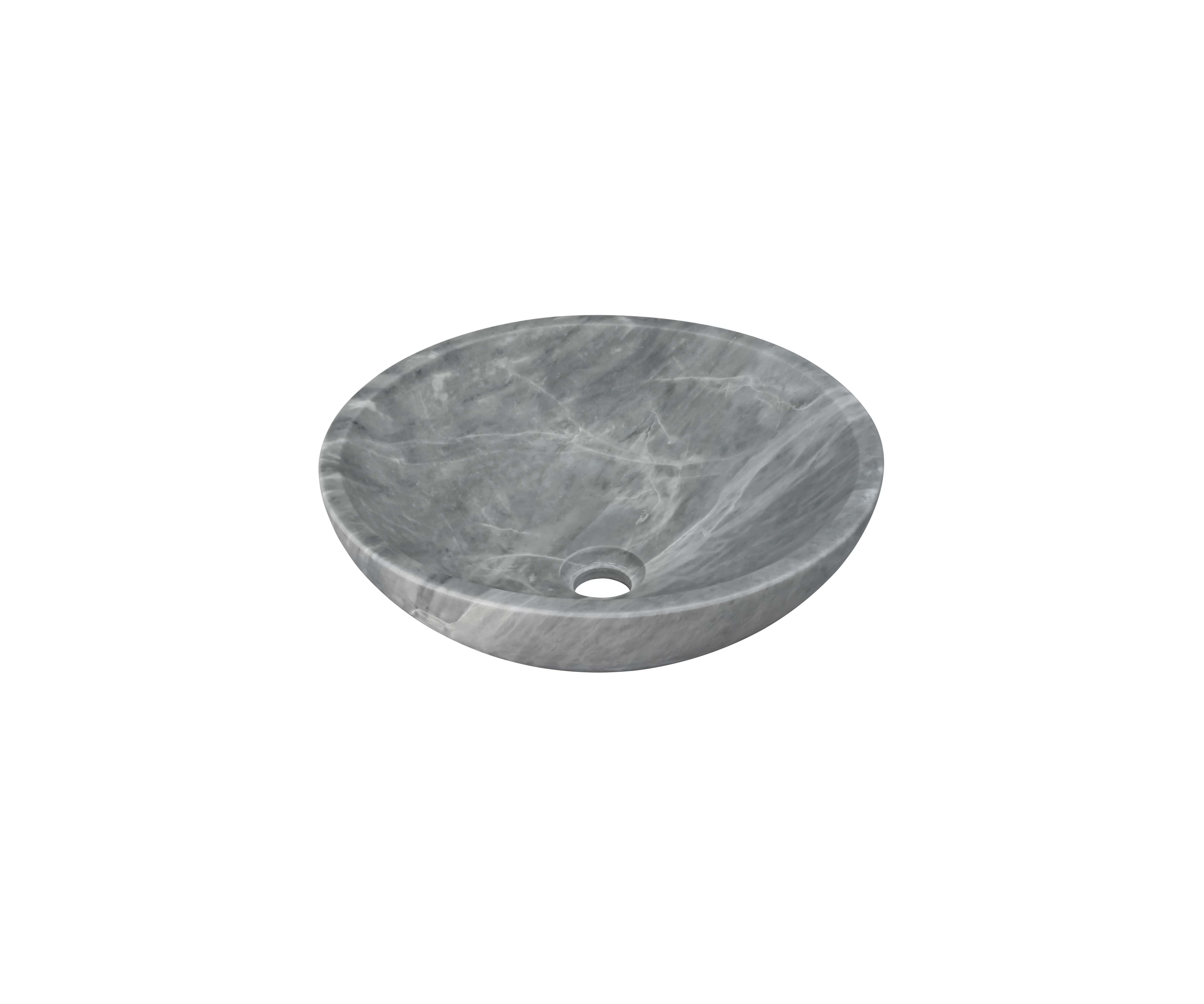 Side-angled view of round Carrara gray marble vessel sink highlighting irregular white and silver vein patterns on medium gray stone body, smooth curved outer wall, honed finish, white background.
