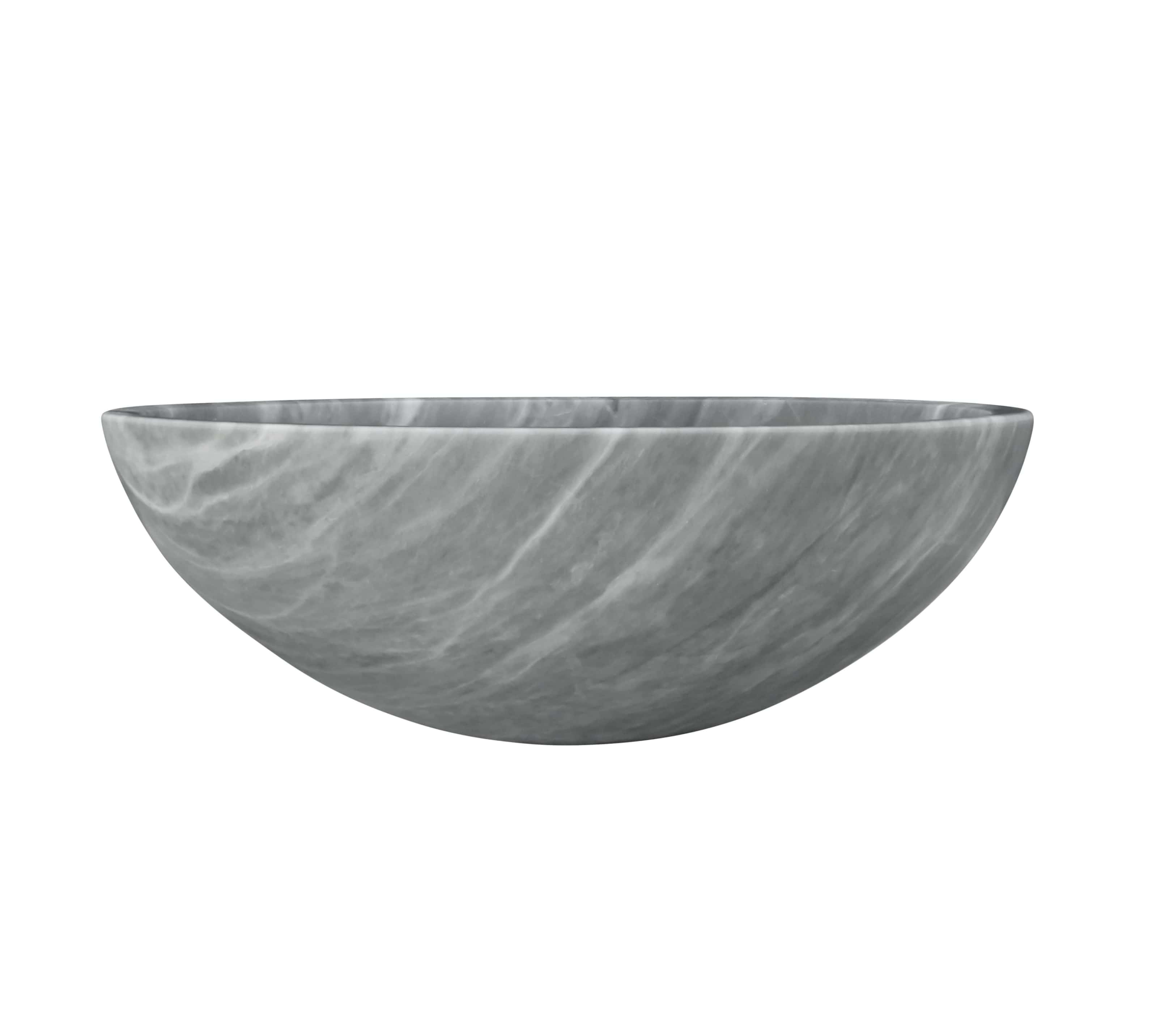 Straight-on side profile of Carrara gray marble vessel sink showing hemispherical bowl silhouette, flat base, diagonal white veining across gray stone body, honed matte finish, white background.
