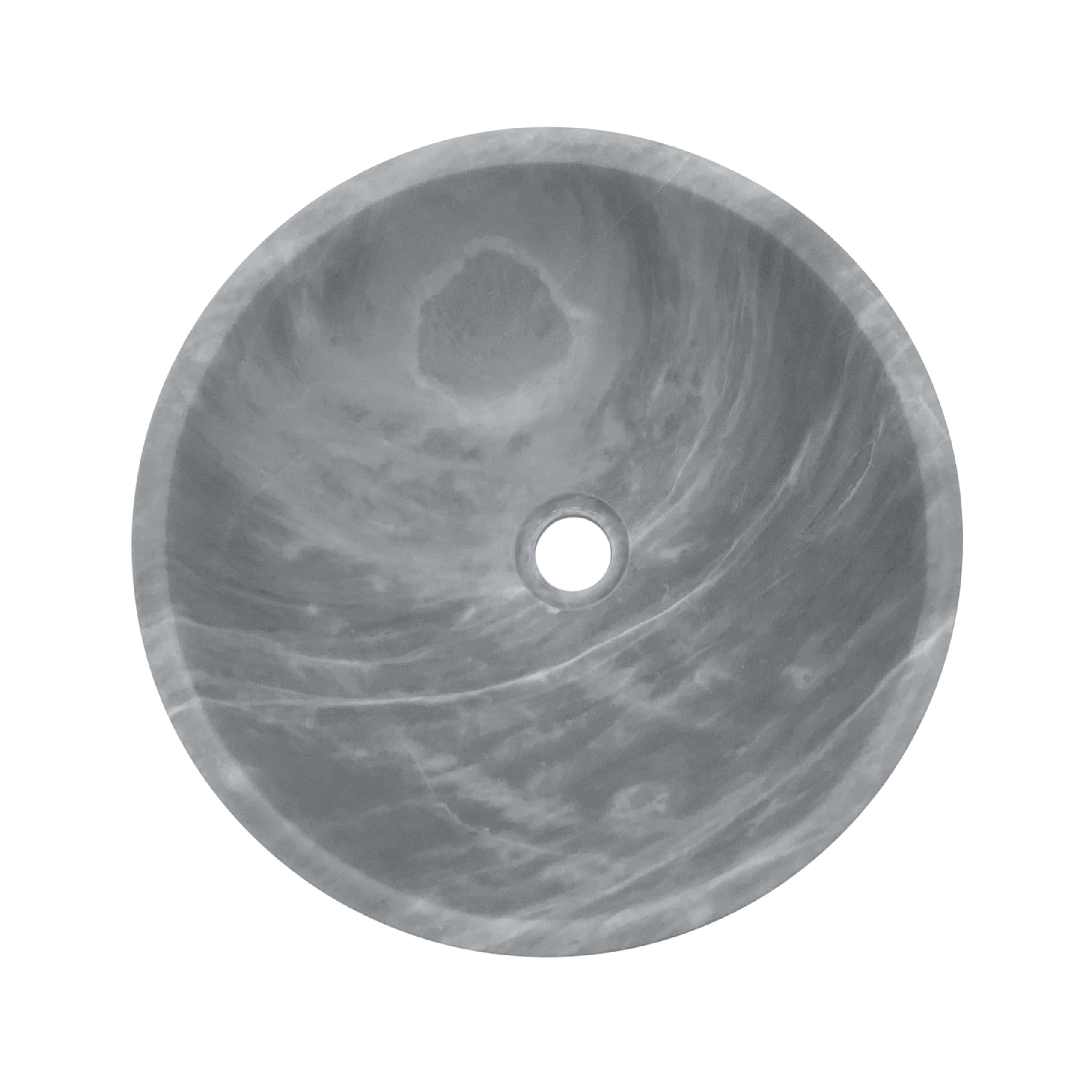 Overhead top-down view of Carrara gray marble round vessel sink showing full circular silhouette, clockwise swirling white vein pattern, white crystalline center cluster, center drain hole, honed surface, white background.