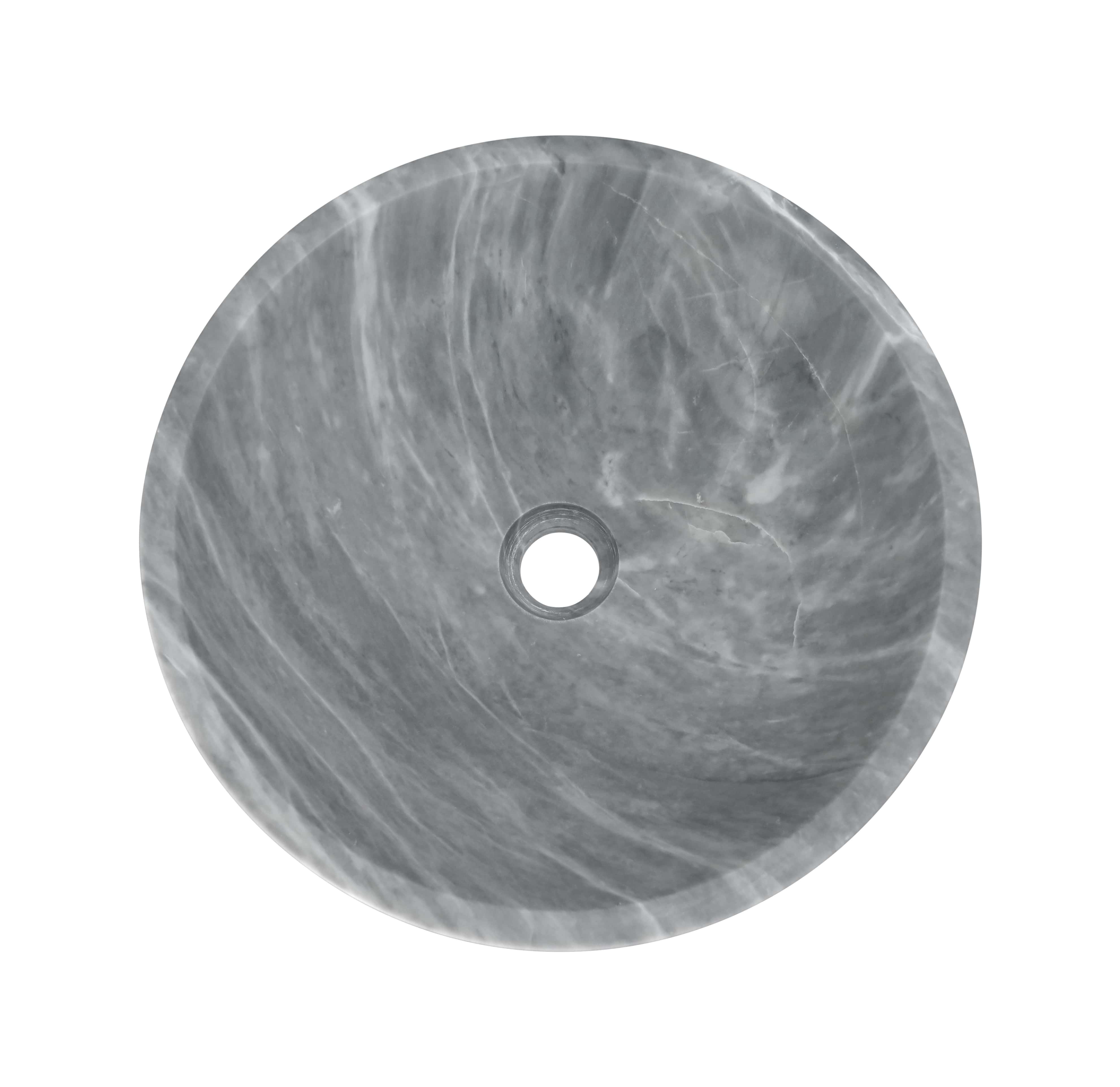 Overhead top-down view of Carrara gray marble round vessel sink with counterclockwise fine white vein distribution on deeper gray ground, wide rim edge visible, center drain, honed matte finish, demonstrating natural stone uniqueness, white background.