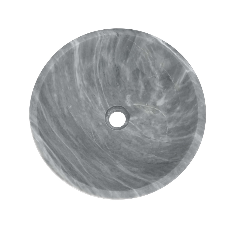 Overhead top-down view of Carrara gray marble round vessel sink with counterclockwise fine white vein distribution on deeper gray ground, wide rim edge visible, center drain, honed matte finish, demonstrating natural stone uniqueness, white background.